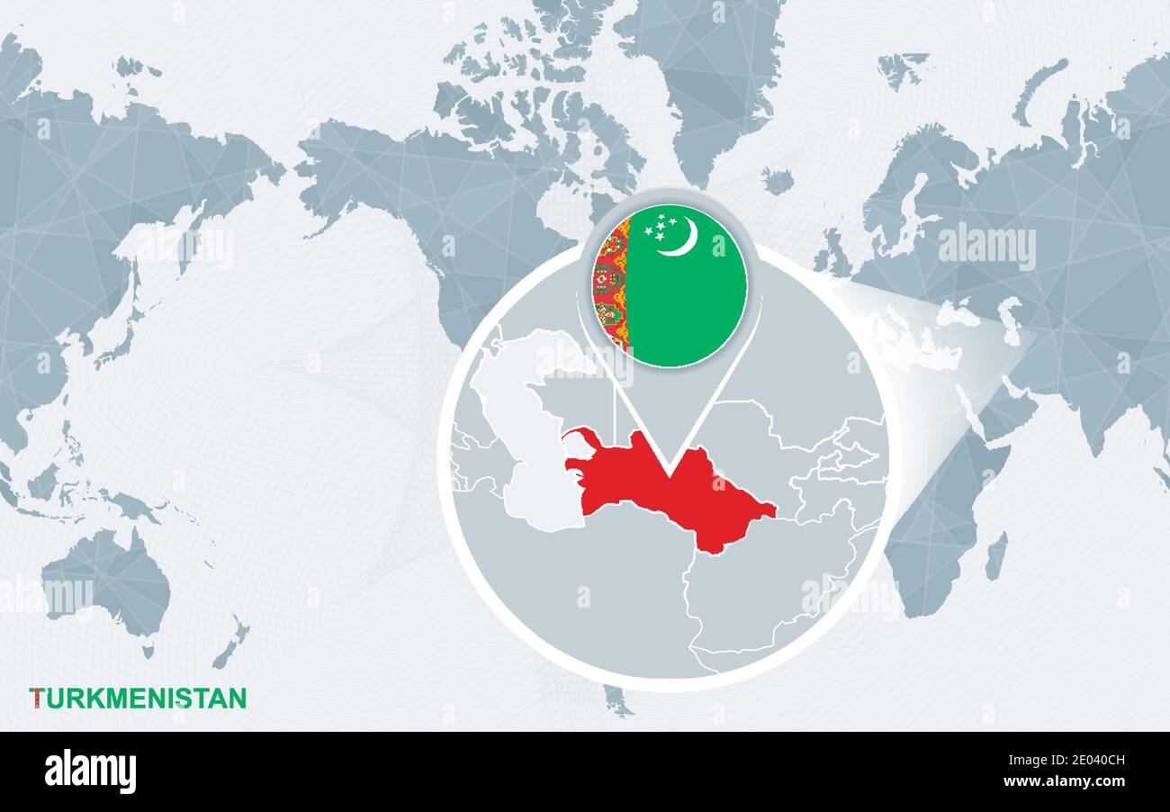 World Map Centered On America With Magnified Turkmenistan Blue Flag World Map Centered On America With Magnified Turkmenistan Blue Flag And Map Of Turkmenistan Abstract Vector Illustration 2E040CH