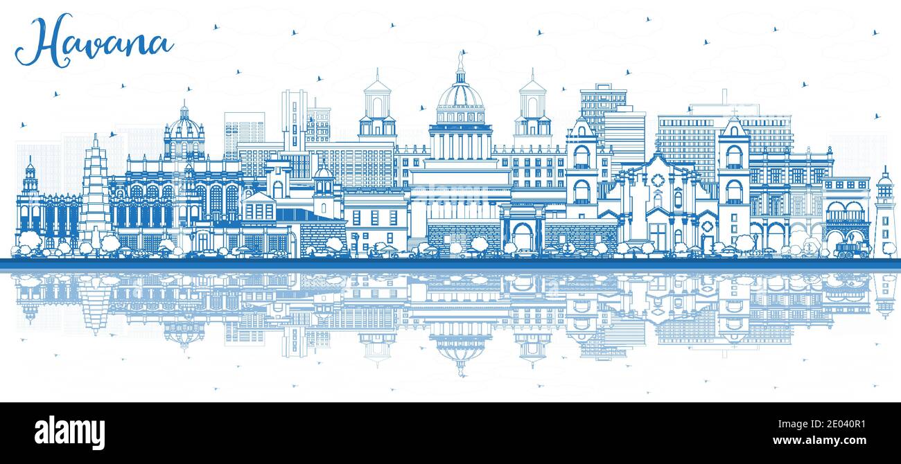 Outline Havana Cuba City Skyline with Blue Buildings and Reflections. Vector Illustration. Business Travel and Tourism Concept Stock Vector
