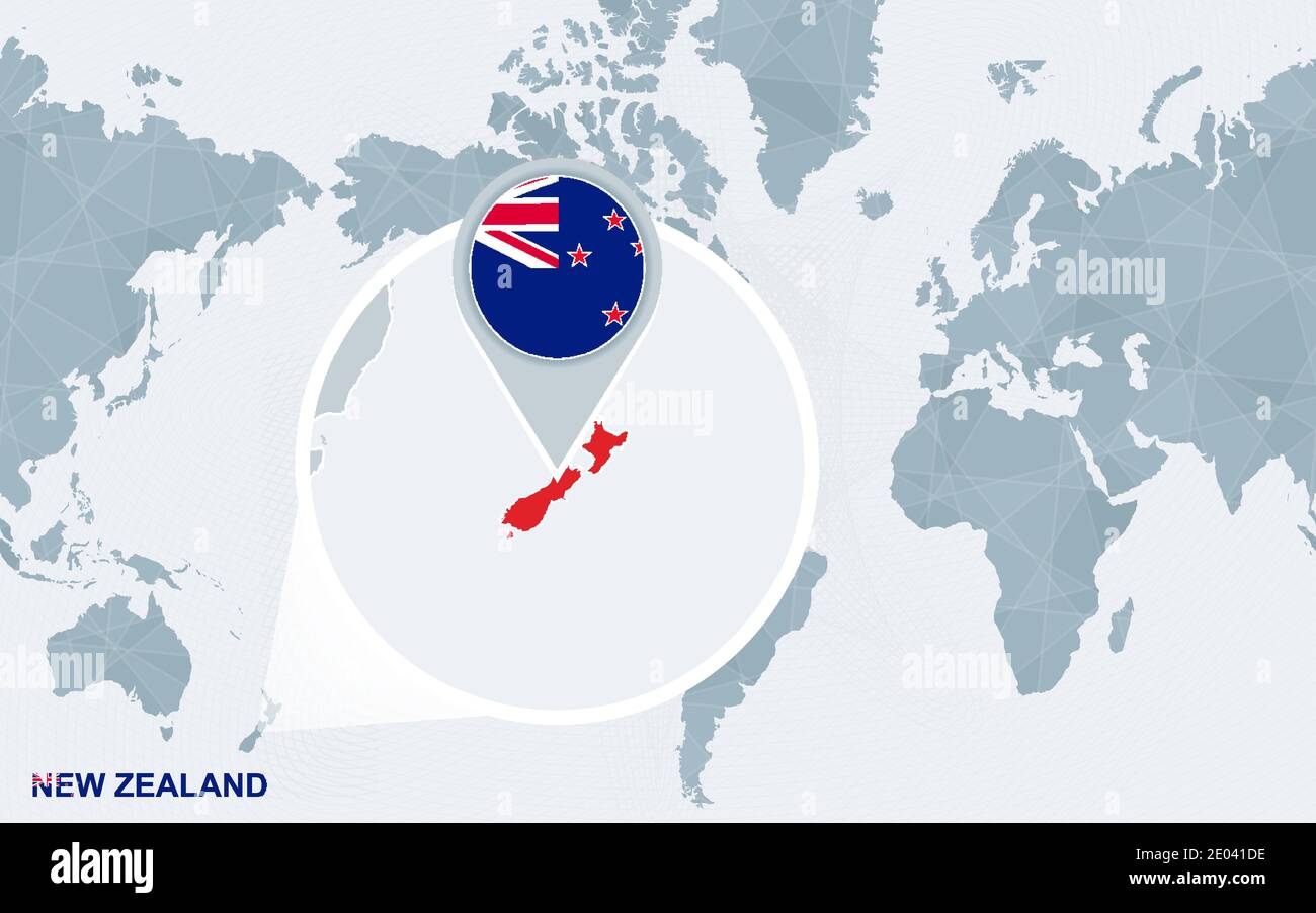 New Zealand Centered World Map World Map Centered On America With Magnified New Zealand. Blue Flag And Map  Of New Zealand. Abstract Vector Illustration Stock Vector Image & Art -  Alamy