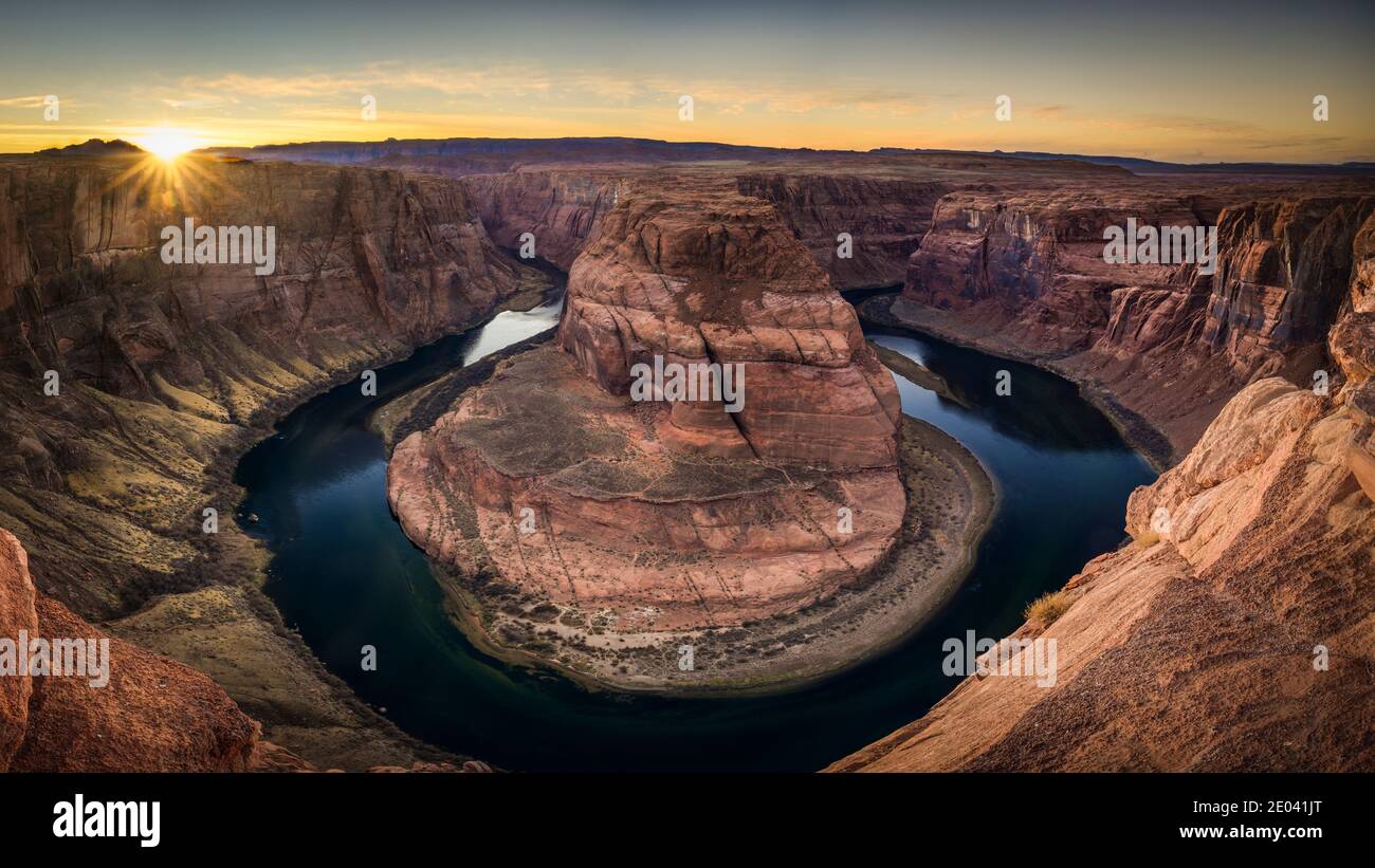 Horseshoe Bend is a horseshoe-shaped incised meander of the Colorado River located near the town of Page, Arizona, in the United States. Stock Photo