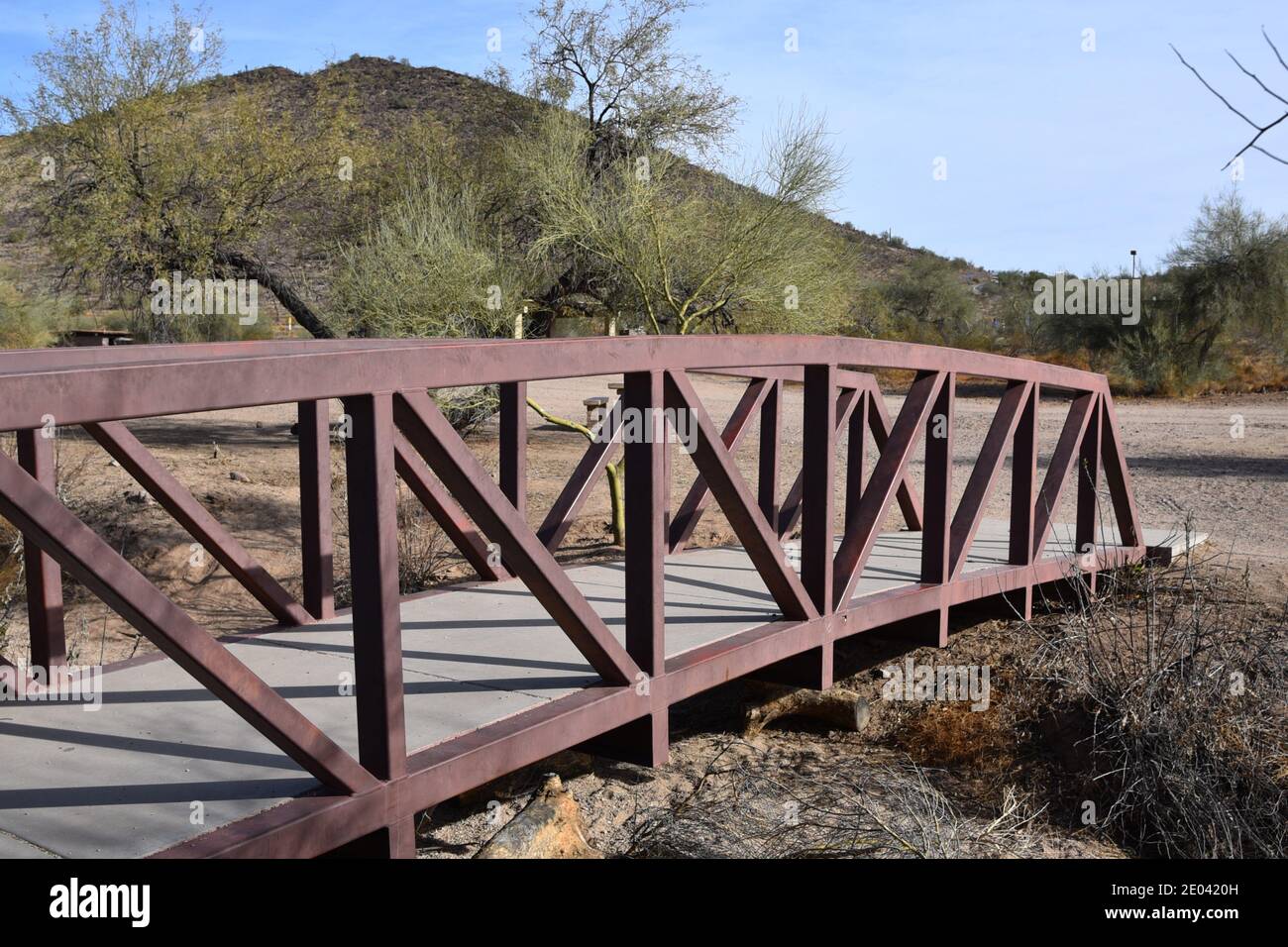 Wooden foot bridge at Thunderbird Park in Glendale Arizona Stock Photo