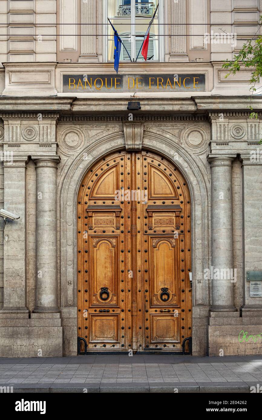 The entrance door of the Bank of France in Lyon. Lyon, France, Europe Stock Photo