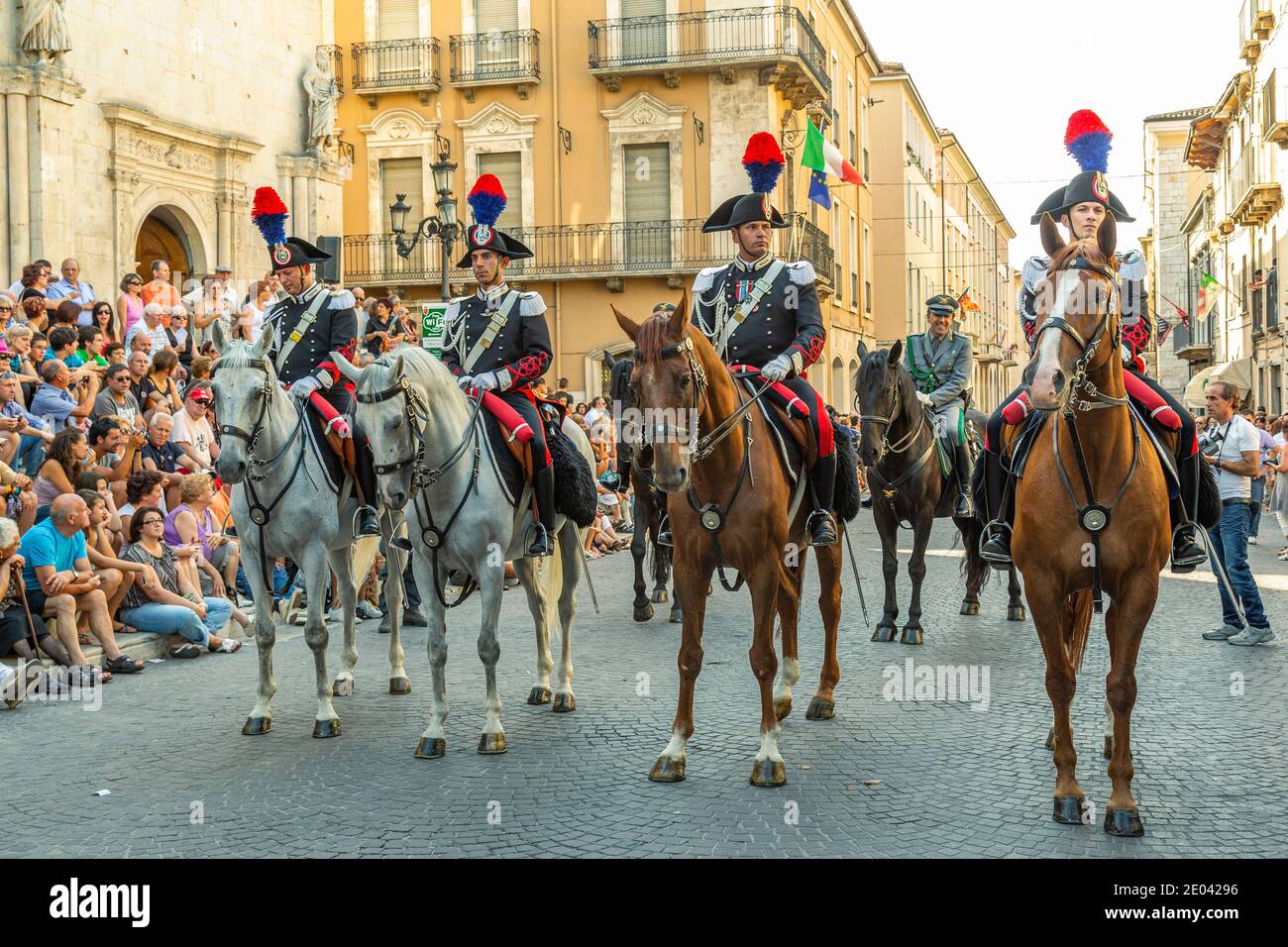 Carabinieri on horseback, guests of the Giostra Cavalleresca di Sulmona, parade through the streets of the city. Sulmona, Abruzzo, Italy, Europe Stock Photo