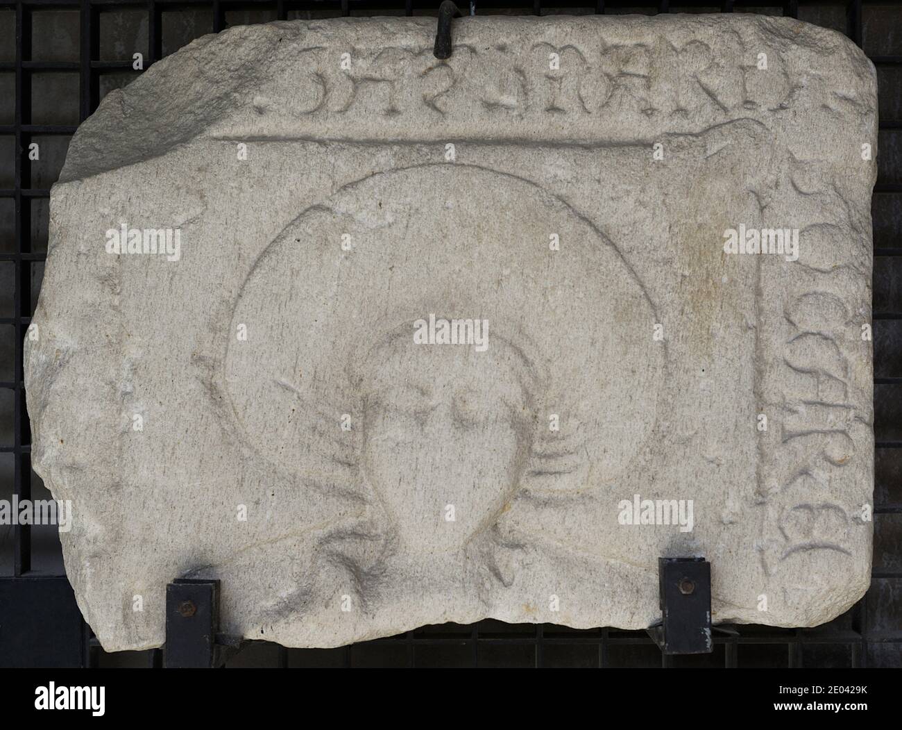 Tombstone of Maria, woman with a roll head, a very successful trend in Galician funerary sculpture between 1380 and 1480. Dated between 1400 and 1425. From the Convent of Saint Francis, La Coruña, Galicia, Spain. Archaeological and History Museum of A Coruña (San Anton Castle). Galicia, Spain. Stock Photo