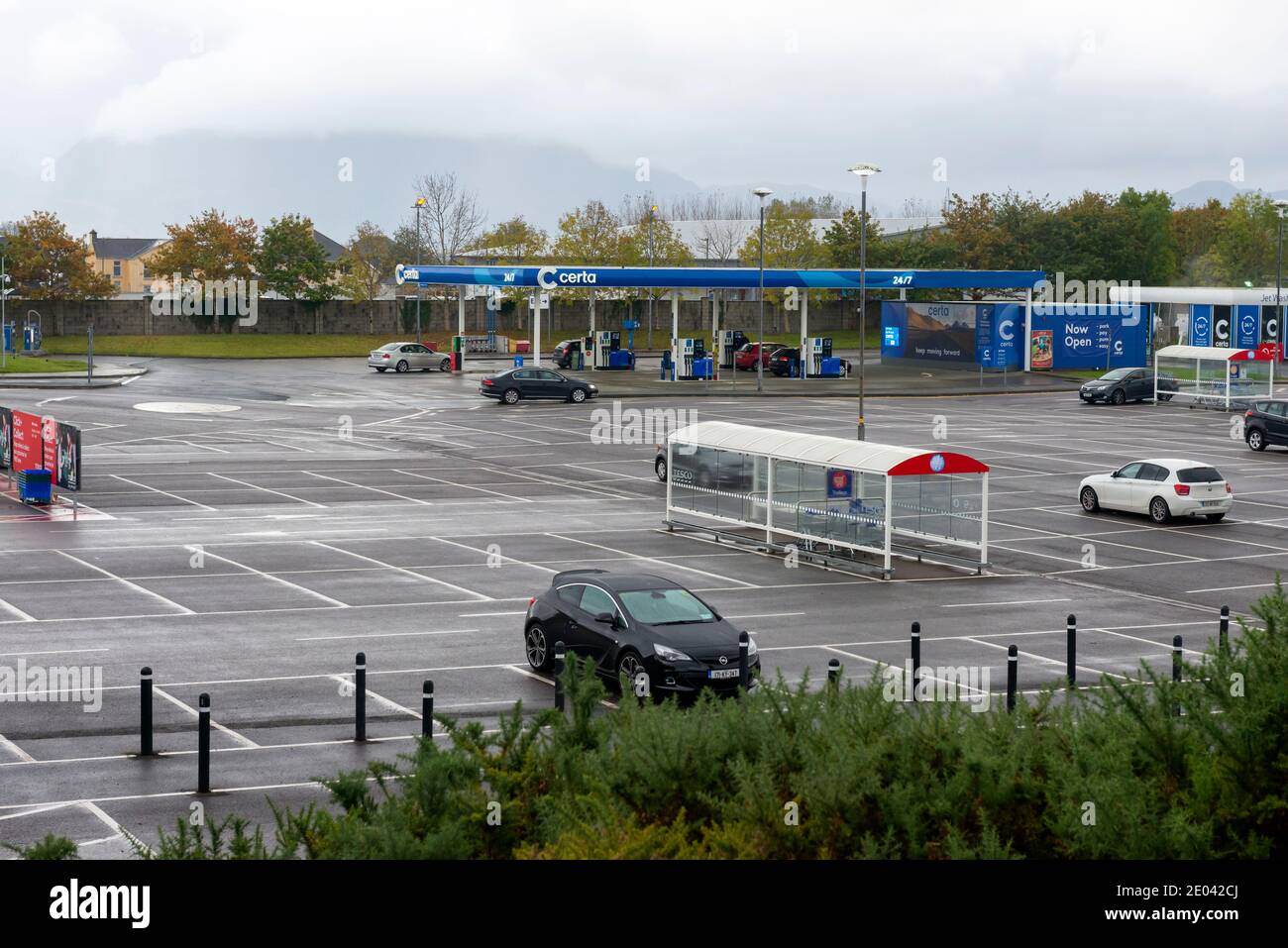 Tesco Superstore car park parking lot and Certa filling station at the
