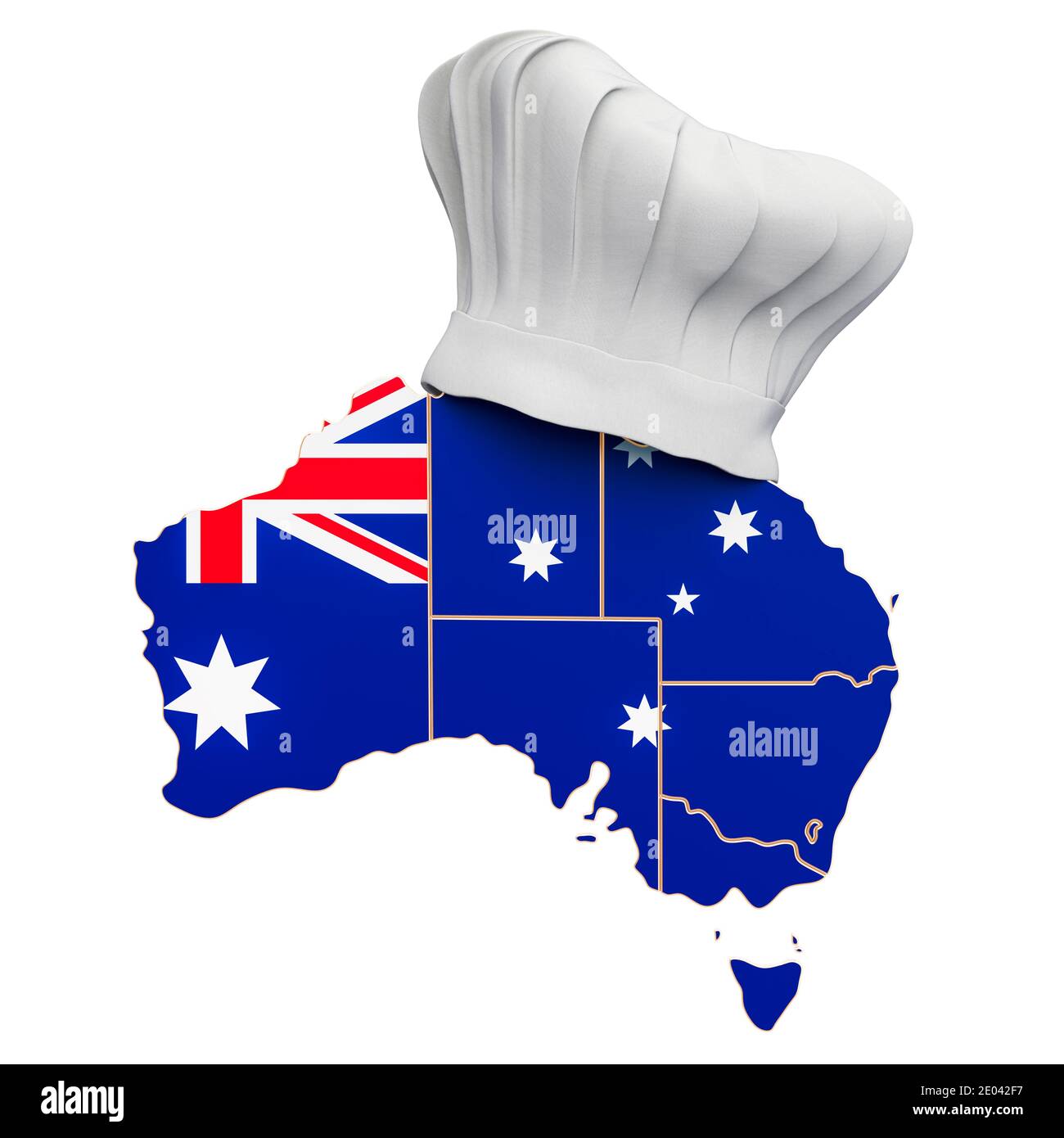 Australian national cuisine concept. Chef hat with map of Australia. 3D rendering isolated on