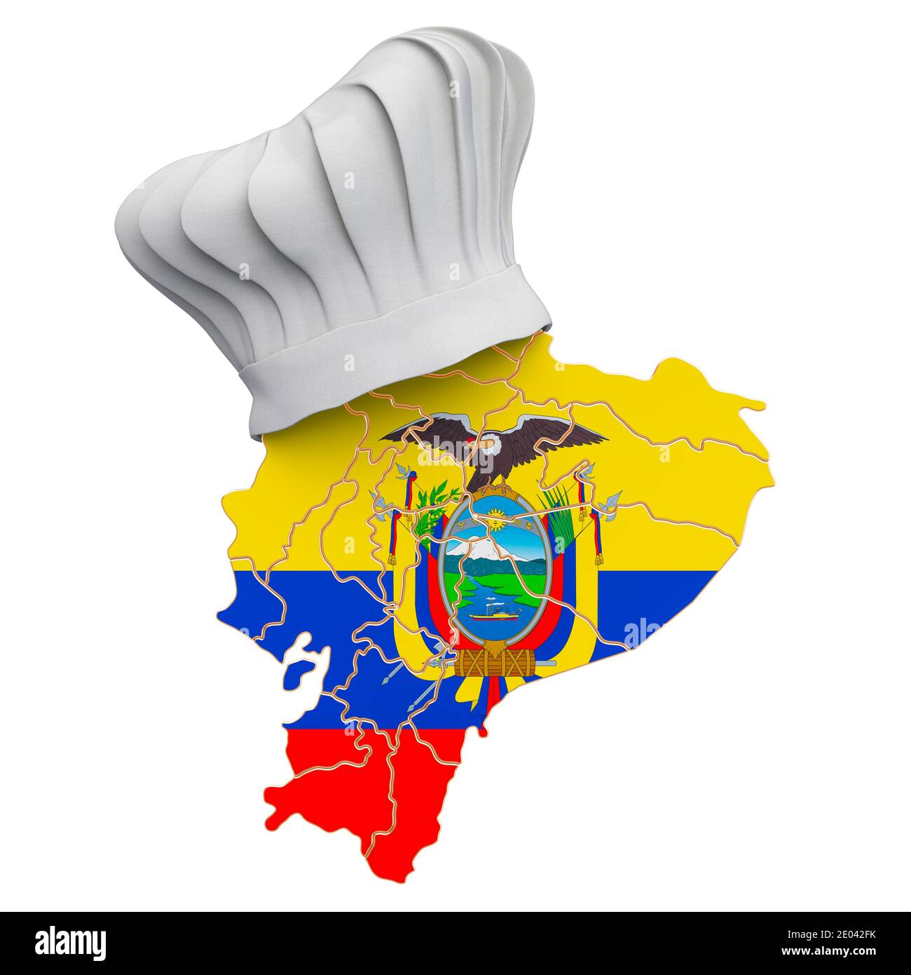 Ecuadorian national cuisine concept. Chef hat with map of Ecuador. 3D