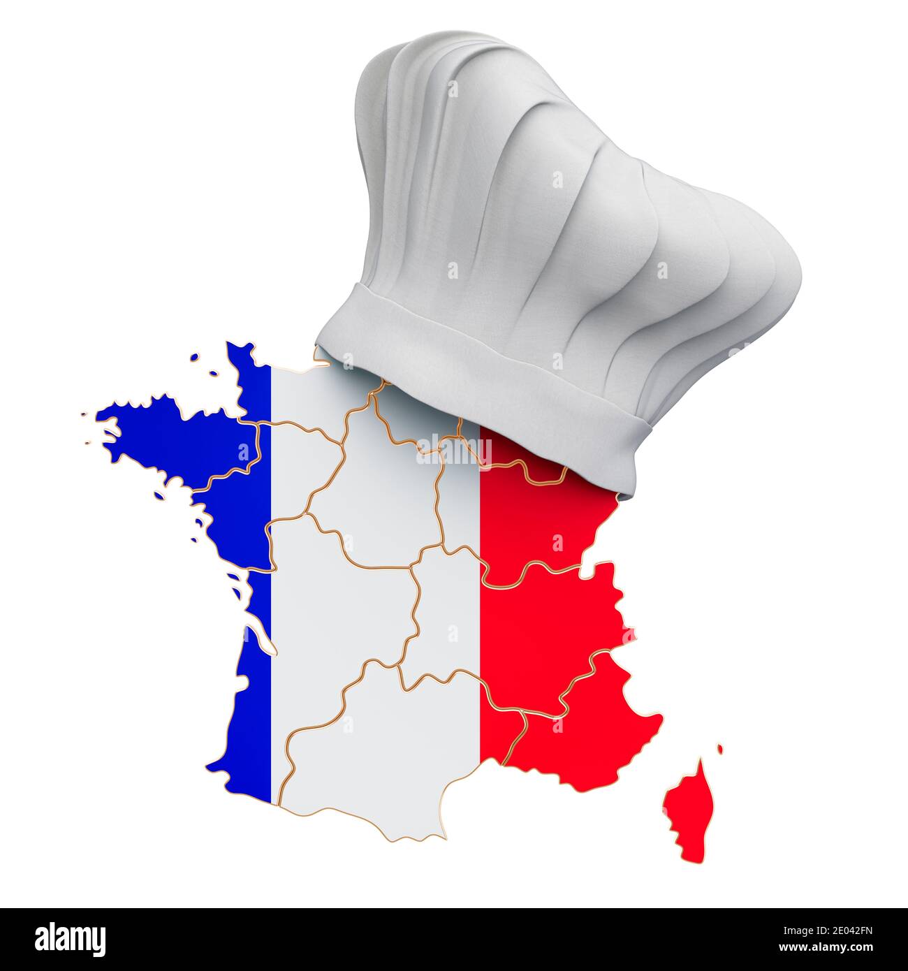 French national cuisine concept. Chef hat with map of France. 3D
