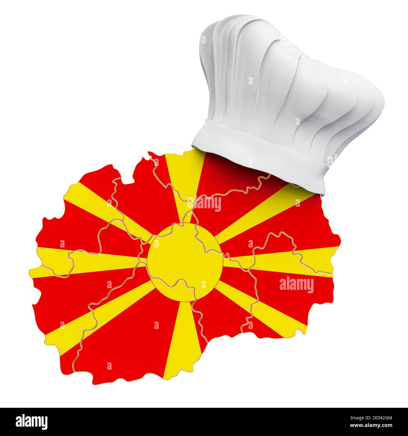 Macedonian national cuisine concept. Chef hat with map of Macedonia. 3D rendering isolated on