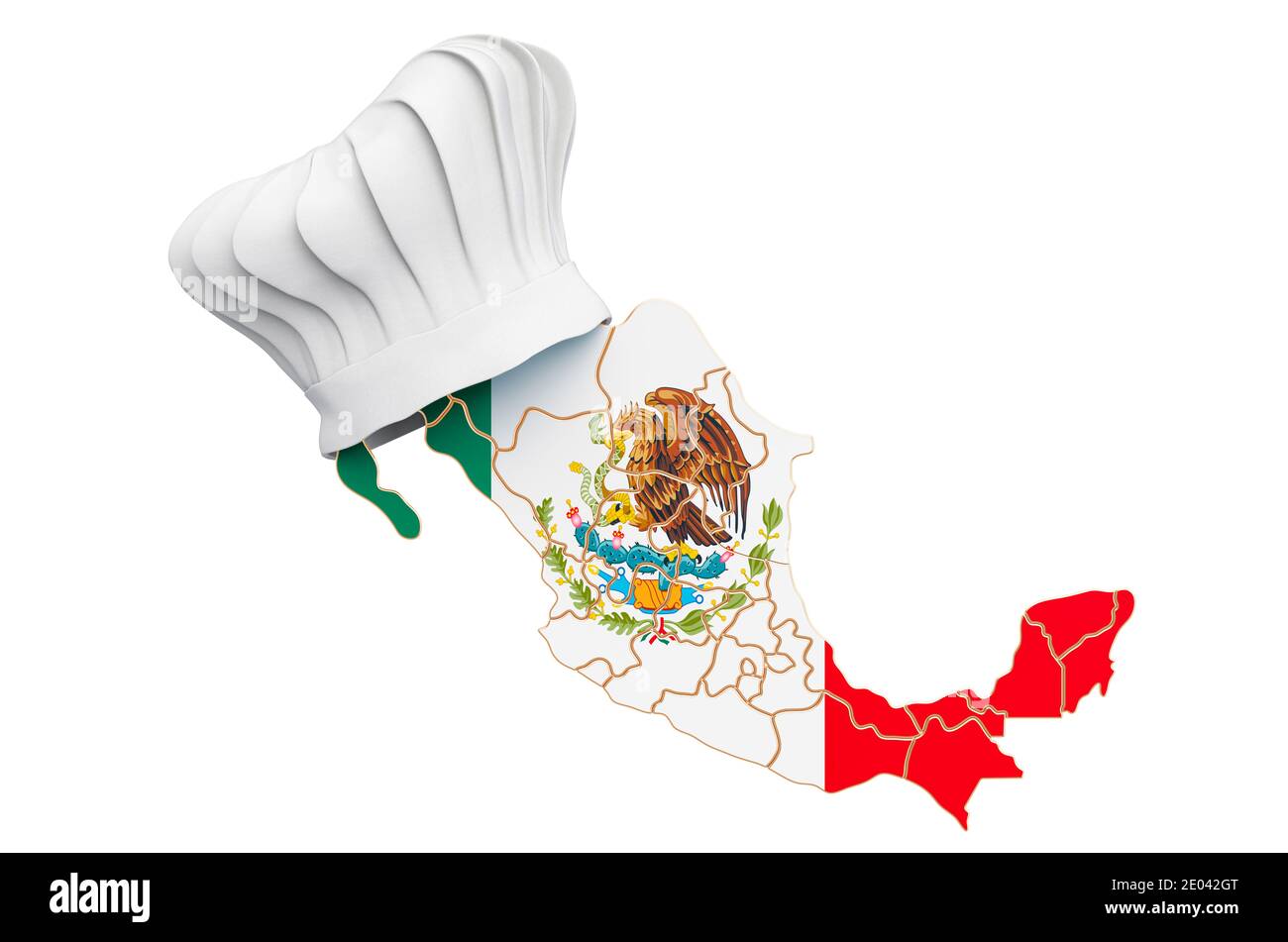 Mexican national cuisine concept. Chef hat with map of Mexico. 3D