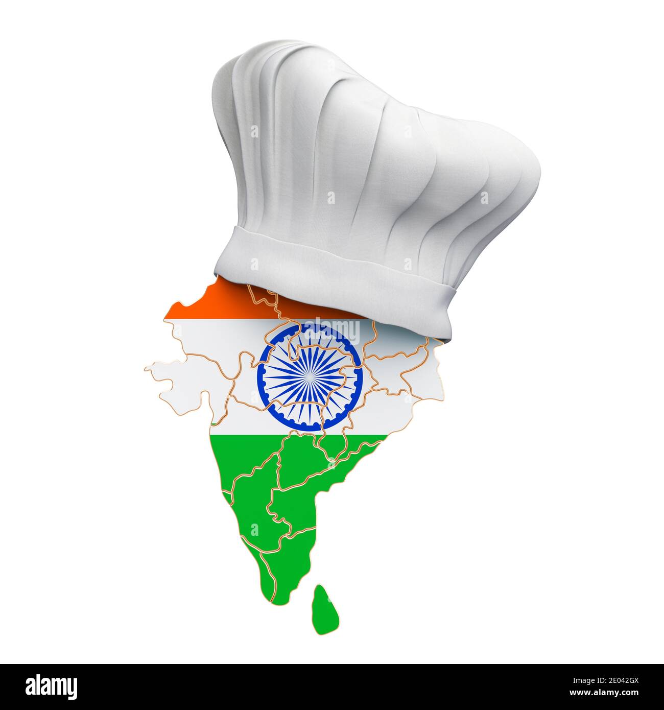 Indian national cuisine concept. Chef hat with map of India. 3D