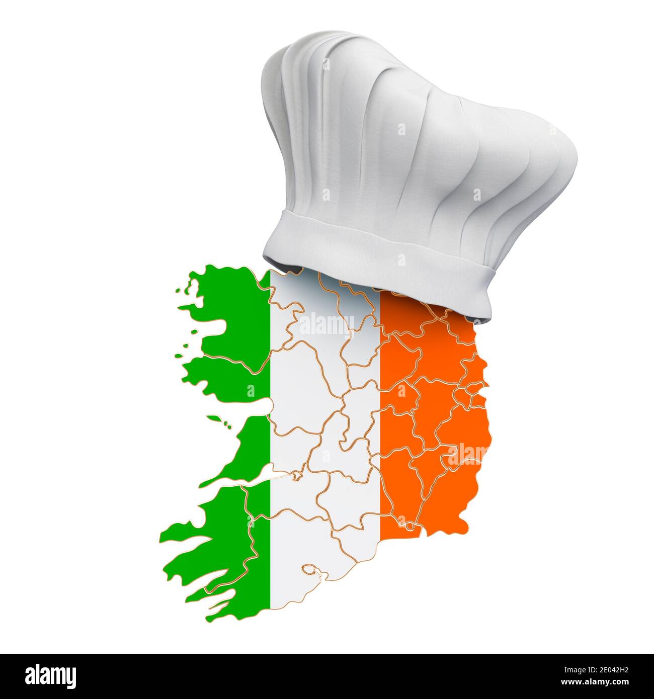 Irish national cuisine concept. Chef hat with map of Ireland. 3D rendering  isolated on white background Stock Photo - Alamy