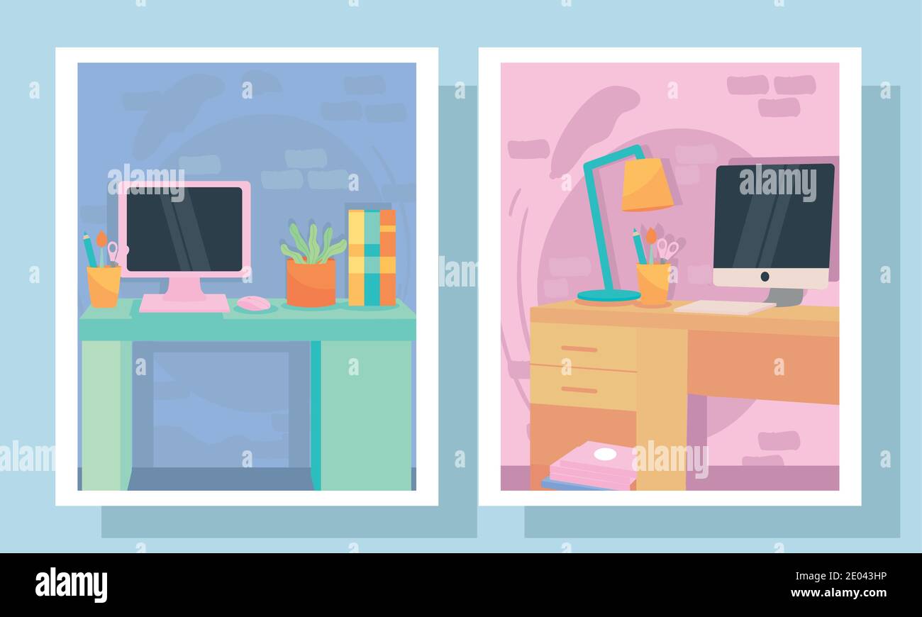 workplaces symbol set in frames design, work office and telecommuting ...