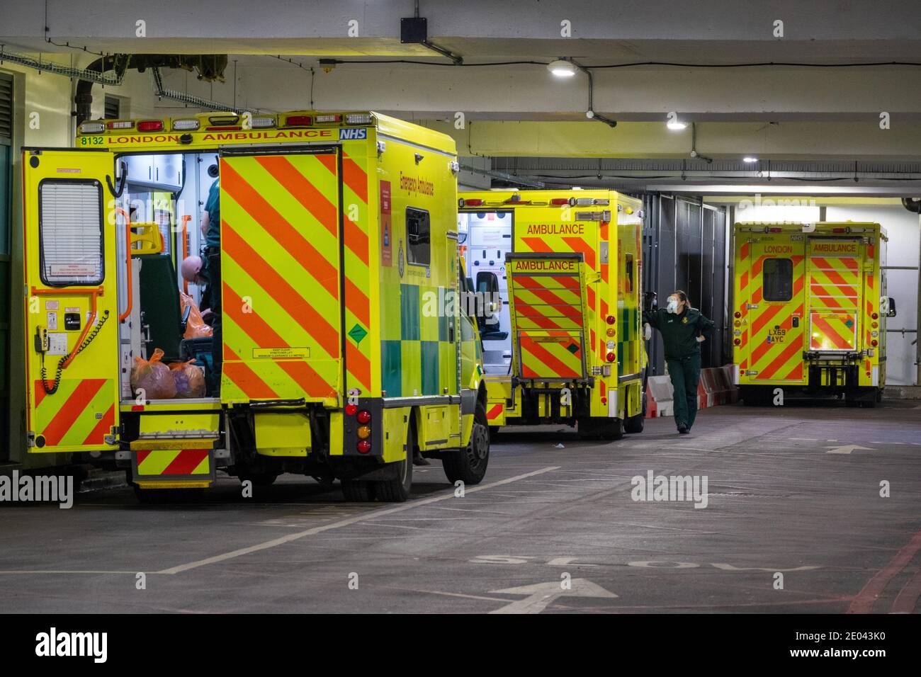 Emergency ambulances of London Ambulance Service queued outside the Royal Free Hospital Accident and Emergency (A&E) department. Stock Photo