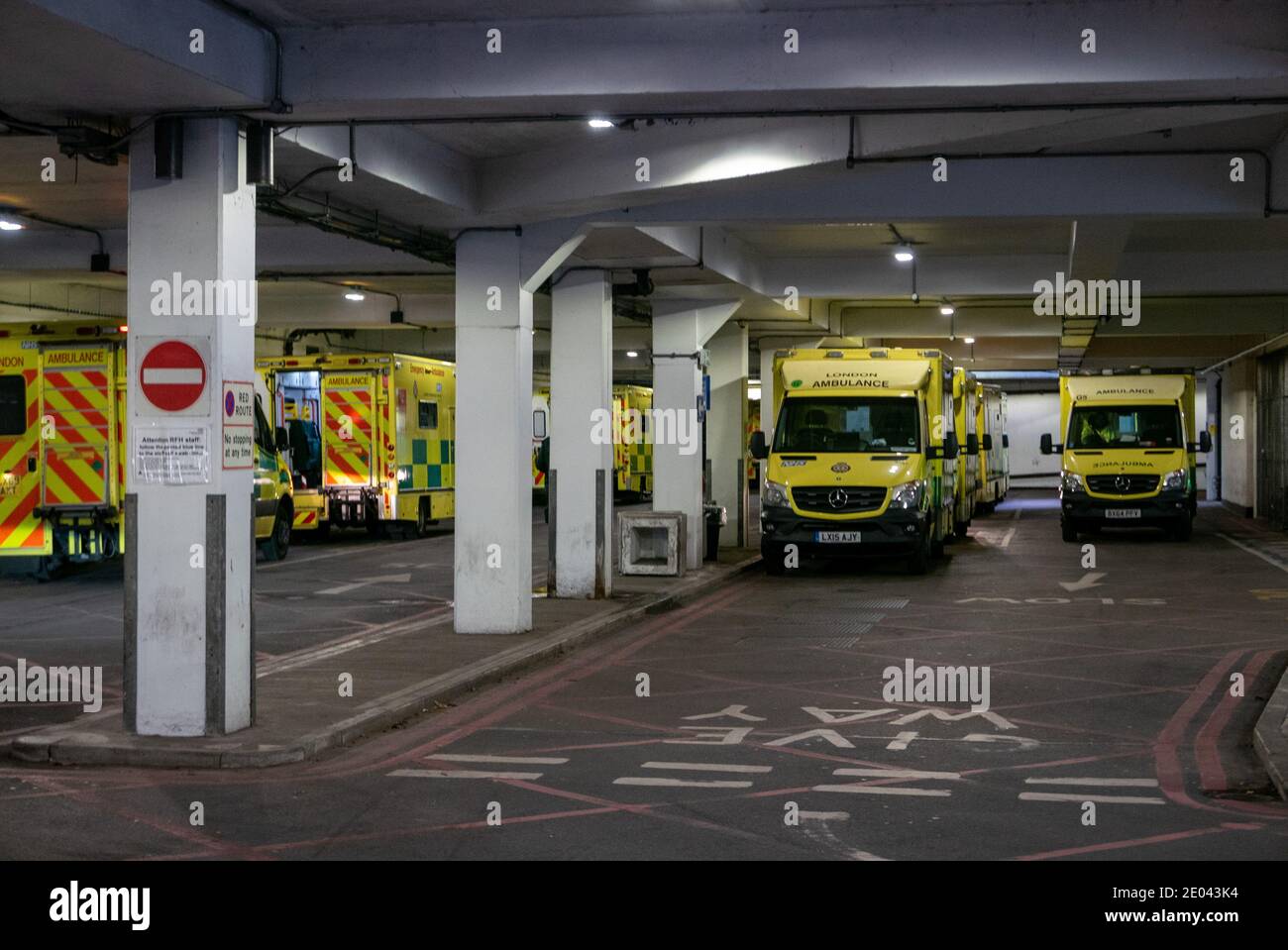Emergency ambulances of London Ambulance Service queued outside the Royal Free Hospital Accident and Emergency (A&E) department. Stock Photo
