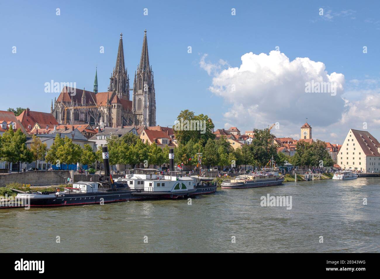 Named a UNESCO World Heritage site in 2006, the roots of Regensburg, Germany, go back to the stone age. The gothic towers of St. Peter's Catjhedral. Stock Photo