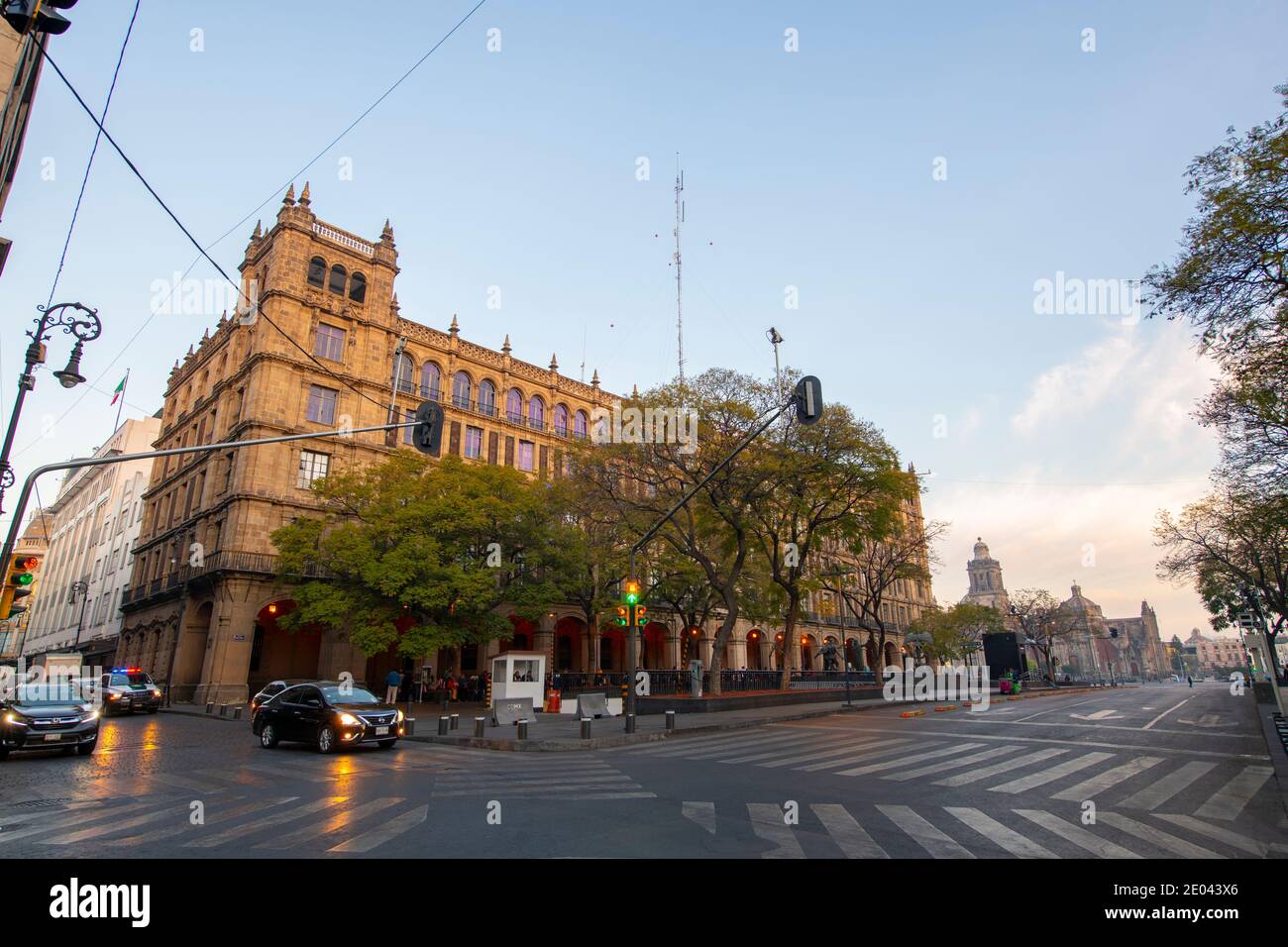 Federal District buildings in the morning on Zocalo Constitution Square at sunrise, Mexico City CDMX, Mexico. Historic center of Mexico City is a UNES Stock Photo