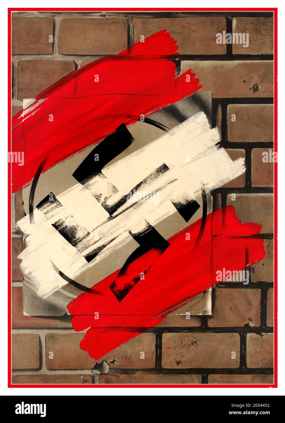 DENMARK WW2 Vintage World War Two anti-Nazi propaganda poster showing a Nazi swastika poster on a brick wall covered with strips of red and white paint to symbolise the Danish flag and total victory over Germany Nazi’s and Nazism.  Denmark 1945 Stock Photo