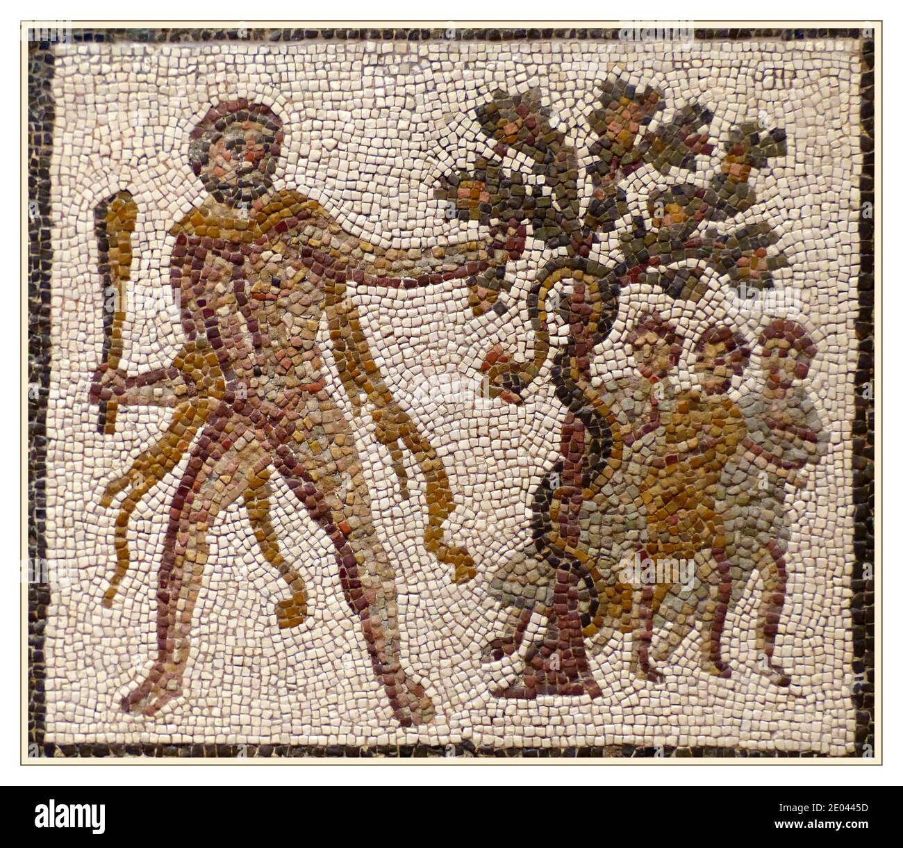 HERCULES MOSAIC Detail third century AD Roman Mosaic of the Labours of Hercules from Lliria Spain Mosaico de los trabajos de Hércules, Museo Arqueológico Nacional, Madrid, España, Stock Photo