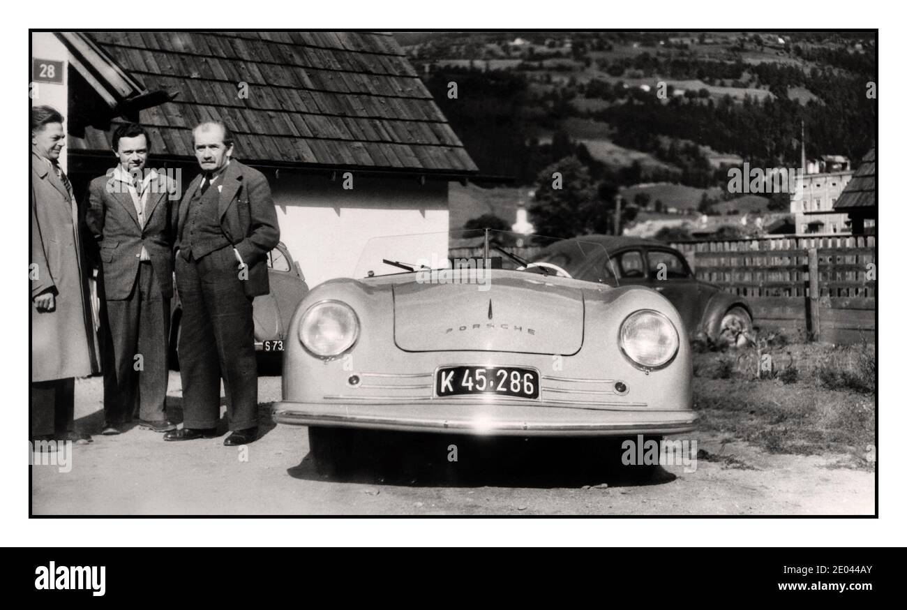 Porsche 356 Roadster №1. Ferdinand Anton Ernst Porsche, son Ferry Porsche & Erwin Komenda an Austrian automobile designer and Porsche employee, a lead contributor to the design of the bodies for the VW Beetle and various Porsche sports cars. Erwin Komenda was born on 6 April 1904 in Jauern am Semmering Austria.  Dr. Ferdinand Porsche was a gifted Austrian-born automotive engineer founder of Porsche AG. He is known for creating the first gasoline–electric hybrid vehicle, the Volkswagen Beetle for Adolf Hitler, the Auto Union racing car, the Mercedes-Benz SS/SSK, & and Porsche sports automobiles Stock Photo
