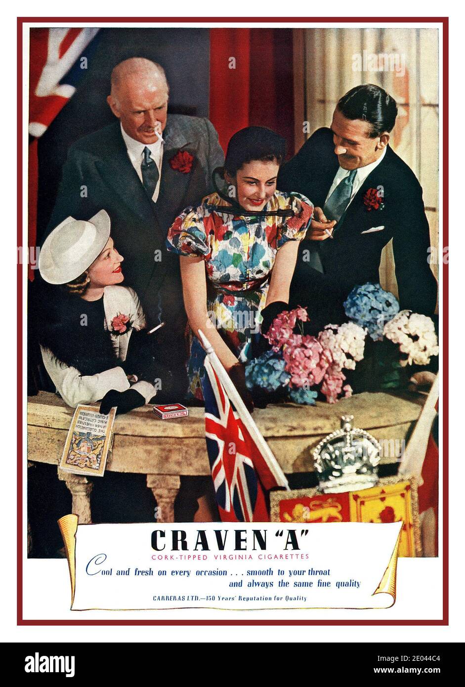 CIGARETTE ADVERTISING 1930’s Craven A cigarette ad from 1937 reflecting the royal occasion of The Coronation of George VI and his wife Elizabeth as king and queen of the United Kingdom and the Dominions of the British Commonwealth which took place at Westminster Abbey, London, on 12 May 1937. Illustration shows balcony and Coronation brochure Flags heraldry etc.with smart smoking onlookers celebrating. Stock Photo