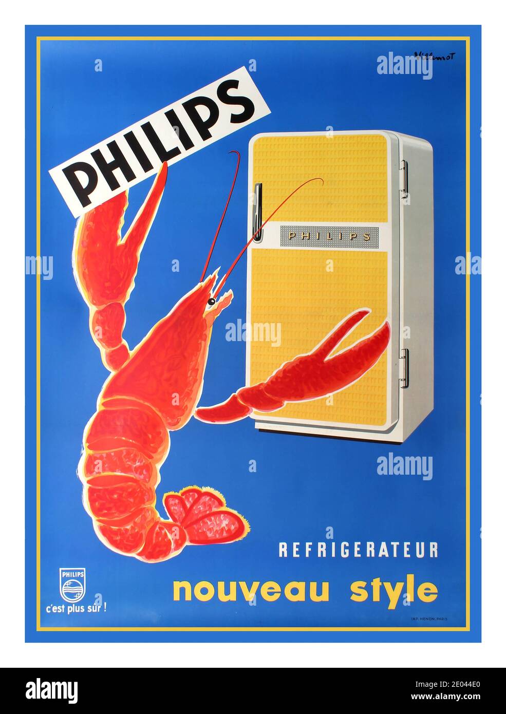 Vintage 1950’s  French advertising poster for new fridges manufactured by Philips: Refrigerateur Nouveau Style - Philips c'est plus sur! design by notable French graphic artist Bernard Villemot (1911-1989) showing a giant lobster standing up in front of a brand new yellow and white Philips fridge while holding a Philips sign in his claw. Printed by Imp. Henon, Paris. Bernard Villemot (1911 – 1989) was a French graphic artist known primarily for his iconic advertising images for He was known for an artistic vision that was influenced by photographic montage. Stock Photo