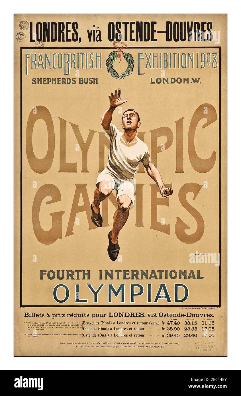 Vintage 1900’s Olympics Poster The 1908 Summer Olympics, officially the Games of the IV Olympiad, and commonly known as London 1908, was an international multi-sport event held in London, United Kingdom, from 27 April to 31 October 1908. FOURTH INTERNATIONAL OLYMPIAD Alfred Edwin Johnson, illustration by Noel Pocock lithograph in colours with letterpress, 1908 Stock Photo