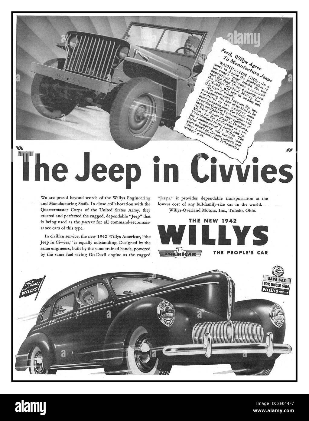 WILLYS JEEP WW2 Advertising 1942 The new Willys Saloon People’s car  “The Jeep in Civies” World War II American car advertising wartime 1940’s Stock Photo