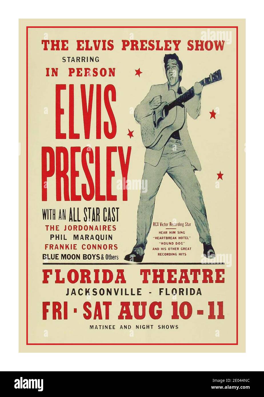 Elvis Presley 1950’s Show Vintage Poster for in person performance at Florida Theatre in Jacksonville, Florida on 10 and 11 August 1956 Stock Photo