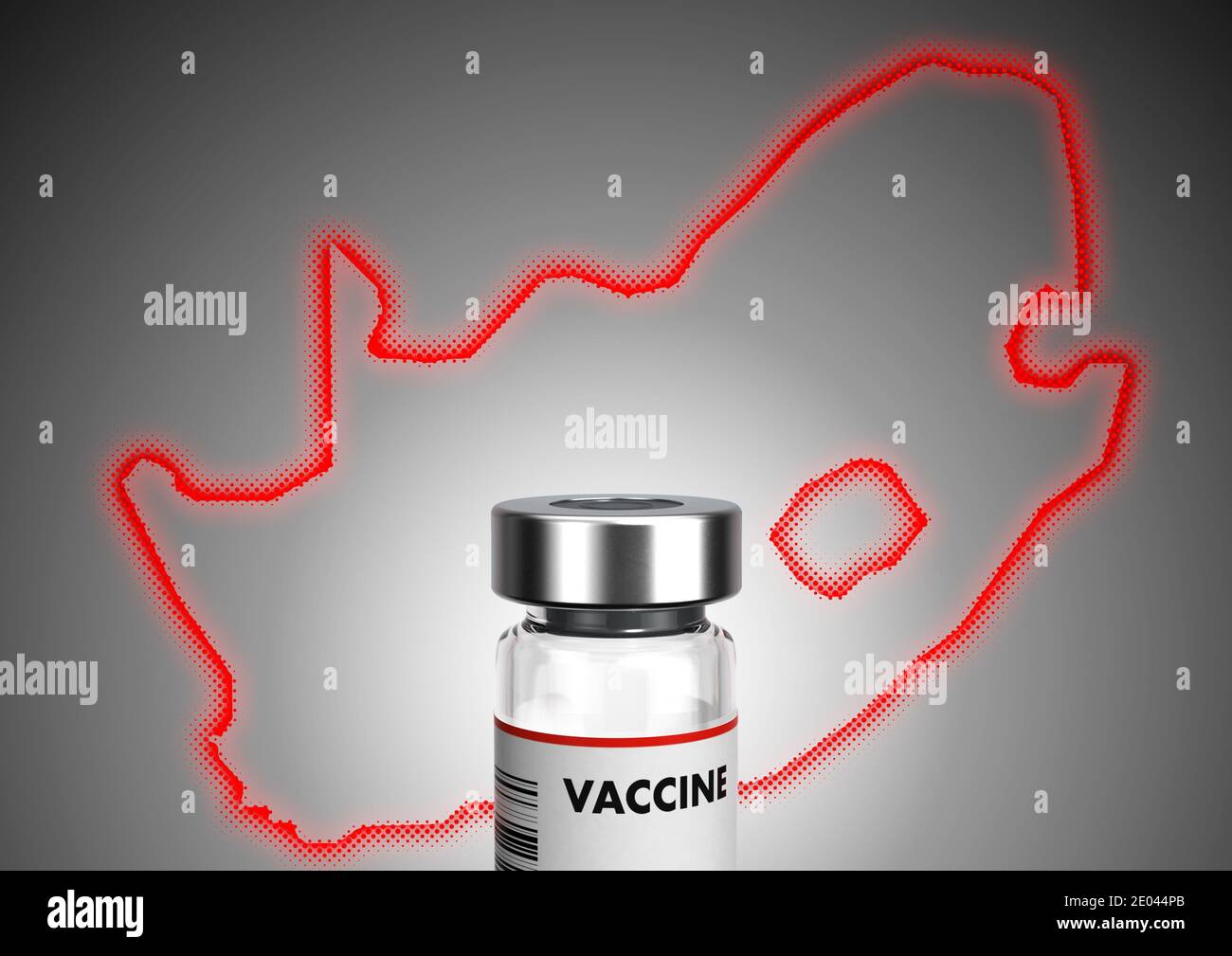 A bottle of a covid-19 vaccine on a reflective surface with the outline of  South Africa in red in the background -3D render Stock Photo