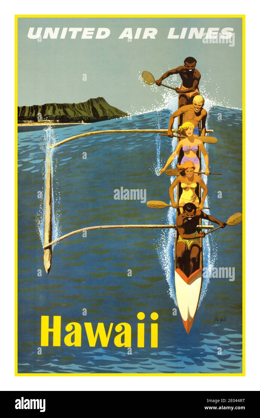 HAWAII Vintage 1960’s Travel Poster for Hawaii, United Air Lines / Stan Galli. Creator(s): Galli, Stanley, artist Date Created/Published: [United States :, between 1960 and 1970] (poster) : lithograph, color  Poster shows people paddling an outrigger canoe. In the background, Diamond Head and Waikiki Beach. Stock Photo