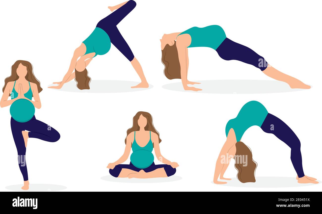 Pregnant woman doing yoga. Set of yoga poses. Healthy pregnancy Stock Vector