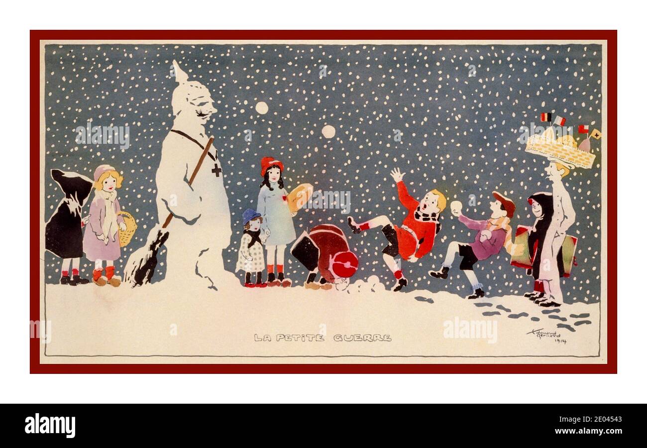 WW1 Propaganda Poster “La petite guerre” Children playing in the snow and throwing snowballs at a snowman resembling the German Kaiser. Bernard, Édouard, 1890-, artist 1914. Children playing in snow--1910-1920 Snowmen--1910-1920 -  Symbols--1910-1920  World War, 1914-1918 Lithographs--Color--1910-1920. War posters--French--1910-1920. -The little war. Edouard Bernard 1914. Stock Photo