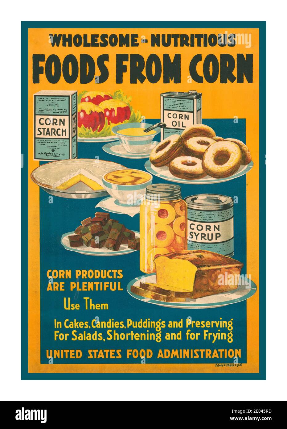 FOODS FROM CORN Vintage WW1 Poster American Food Advisory Poster using corn “Wholesome - nutritious foods from corn” / Lloyd Harrison.Poster showing an assortment of foods and dishes, along with corn starch, corn oil, and corn syrup. Harrison, Lloyd, artist Baltimore : Harrison-Landauer Inc., [1918] United States Food Administration--1910-1920 -  World War, 1914-1918--Economic & industrial aspects--United States -  Food supply--1910-1920 Corn--1910-1920 Lithographs--Color--1910-1920. War posters--American--1910-1920.  Corn products are plentiful. Use them in cakes, candies, puddings Stock Photo
