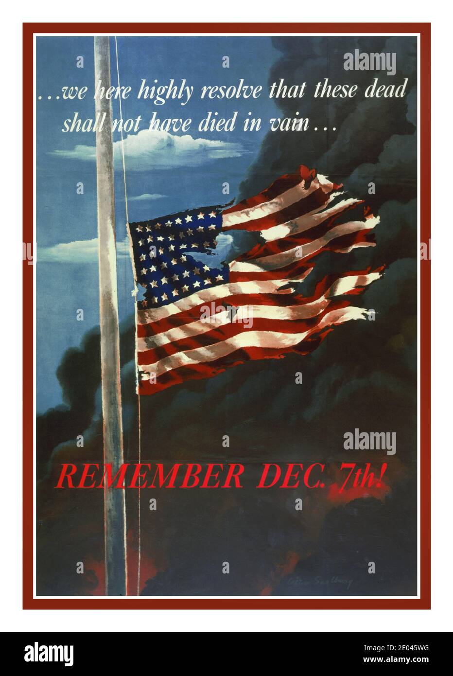 WW2 Pear Harbor Attack Propaganda Poster “Remember Dec. 7th! “/ Allen Saalburg. Tattered U.S. flag at half-mast. Saalburg, Allen Russell, 1899-1987, artist United States. Office of War Information, funder/sponsor Washington, D.C. : Office of War Information, 1942 (U.S. Government Printing Office)  World War, 1939-1945--United States Pearl Harbor (Hawaii), Attack on, 1941  Flags--American--1940-1950 Prints--American--Color--1940-1950.War posters--American--1940-1950. Stock Photo