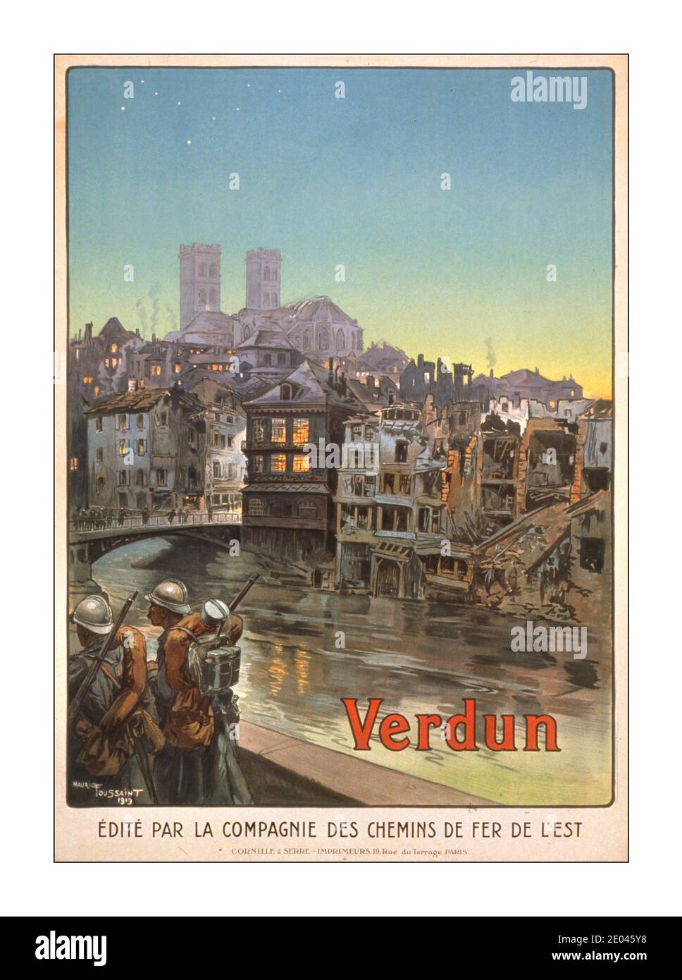 WW1 “Verdun” Travel Propaganda Poster Soldiers marching beside a river and over a bridge into a shelled Verdun. The battle of Verdun in 1916 was the longest and costliest battle in terms of lives, of the war. Toussaint, Maurice, 1882-, artist, Paris : Cornille & Serre, [1919] -  World War, 1914-1918--Military personnel--French -  World War, 1914-1918--Destruction & pillage--France--Verdun Lithographs--Color--1910-1920. War posters--French--1910-1920. -  Signed: Mauric Toussaint, 1919. Édité par la Compagnie des Chemins de Fer de l'Est. France Stock Photo