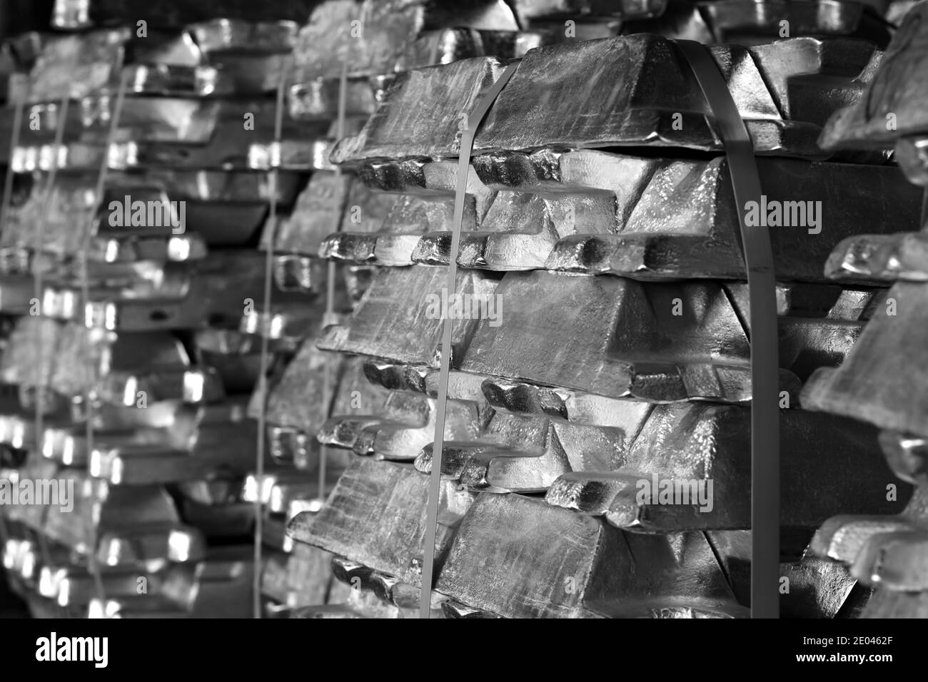 industry background picture of aluminum ingots stacked and stored, black and white photography Stock Photo