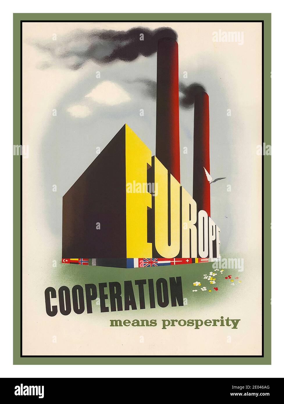 EUROPE CO-OPERATION Post WW2 1946 Recovery Program Propaganda Poster “Europe, cooperation means prosperity” Poster shows an industrial plant fashioned from the letters 'Europe' with European flags around the base and two large smokestacks. Promotes the European Recovery Program (Marshall Plan post WW2 Emmerick, Louis, 1915-1993, artist Stock Photo