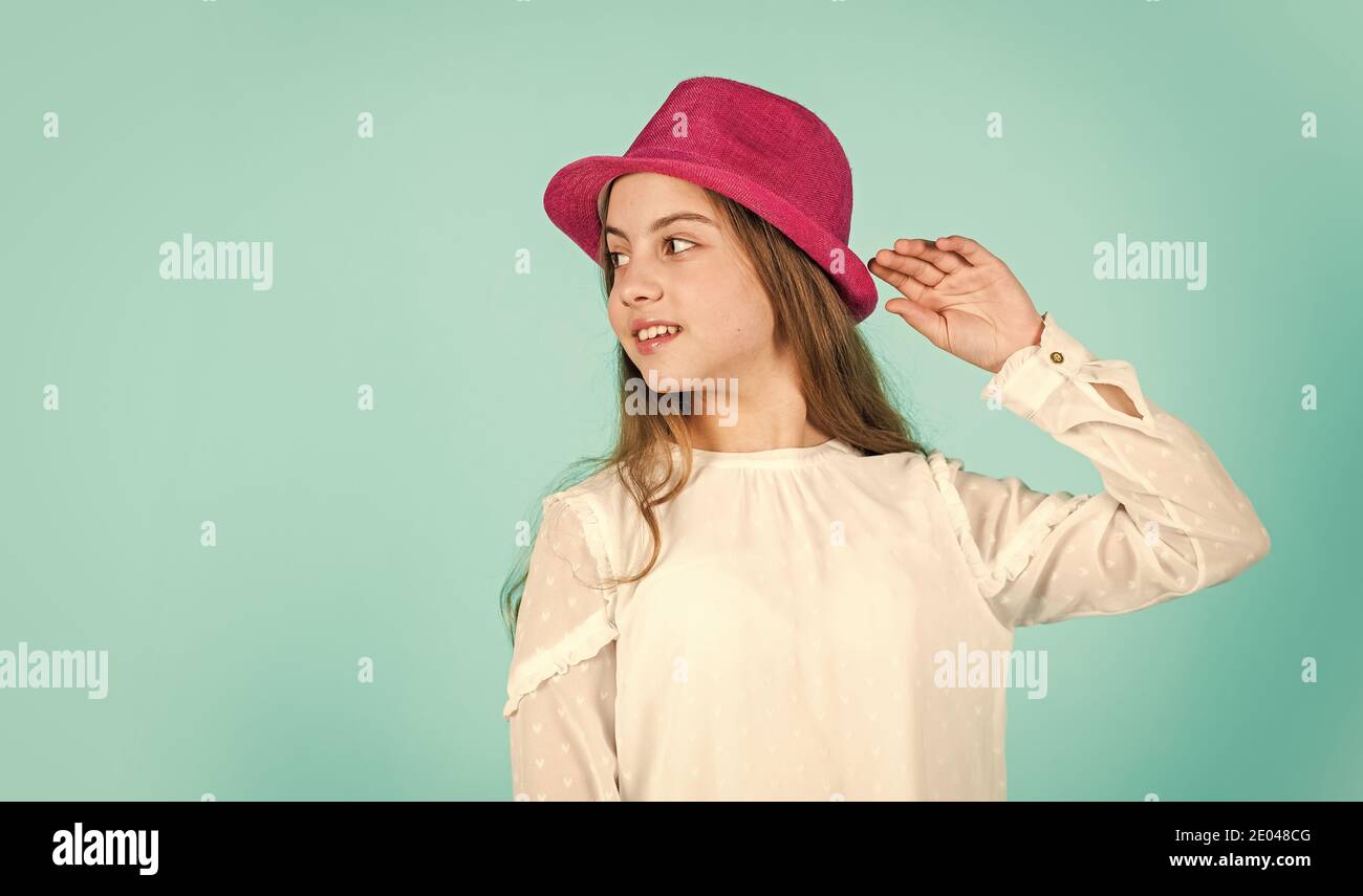 Summer accessory collection. Happy kid in hat. Fashion accessory. Child