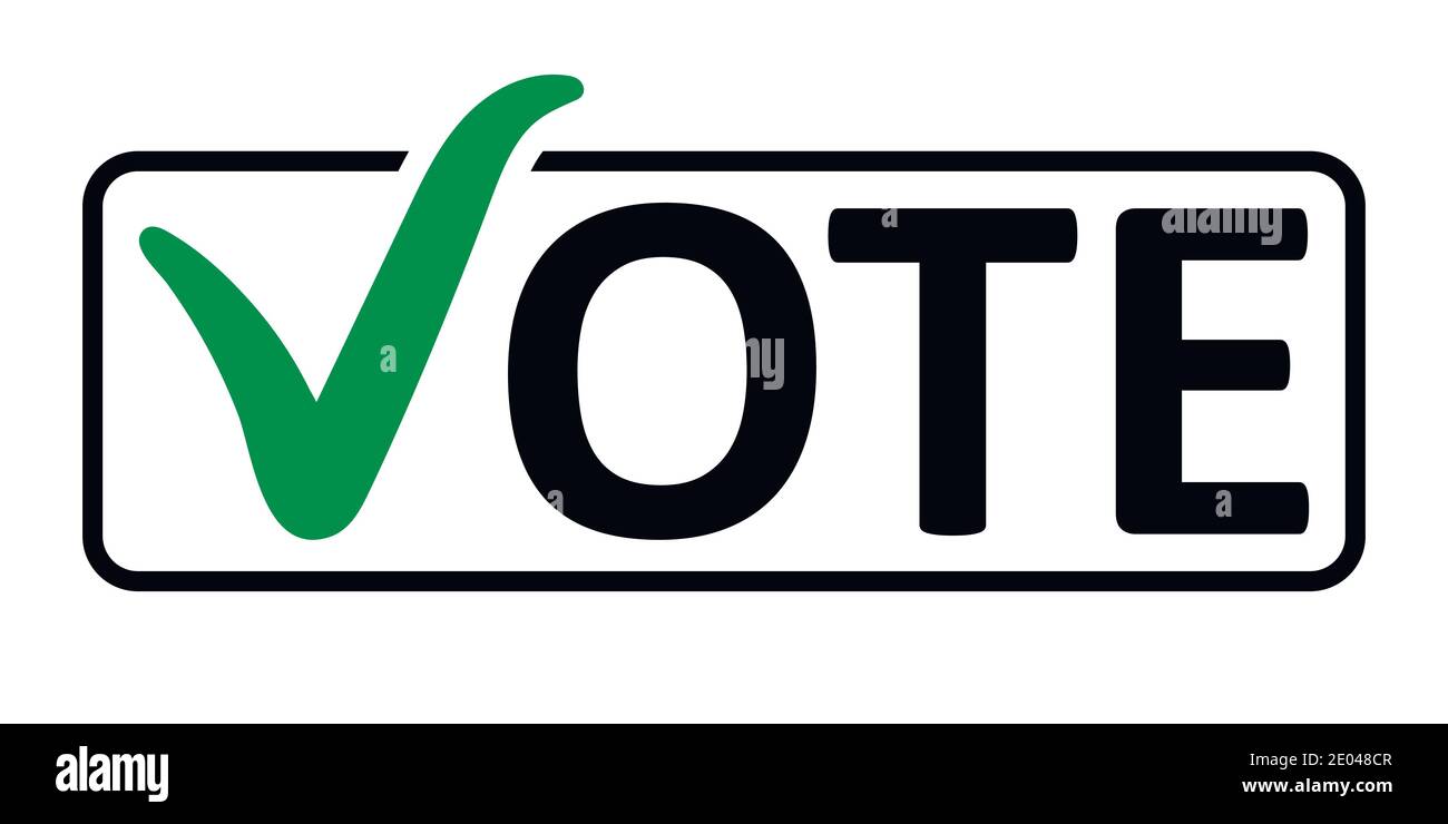 word Vote with a green checkmark instead of the letter V in the box frame, vector concept of elections the referendum the electorate, vote in a box Stock Vector