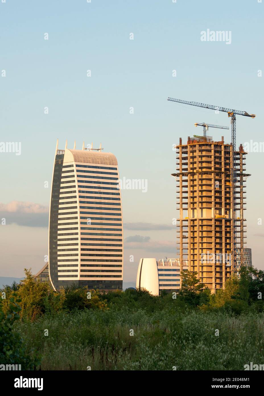 Urbanisation redevelopment and infrastructure in Sofia Bulgaria as the Sky Fort office building construction site by A&A Architects as of July 2020 Stock Photo