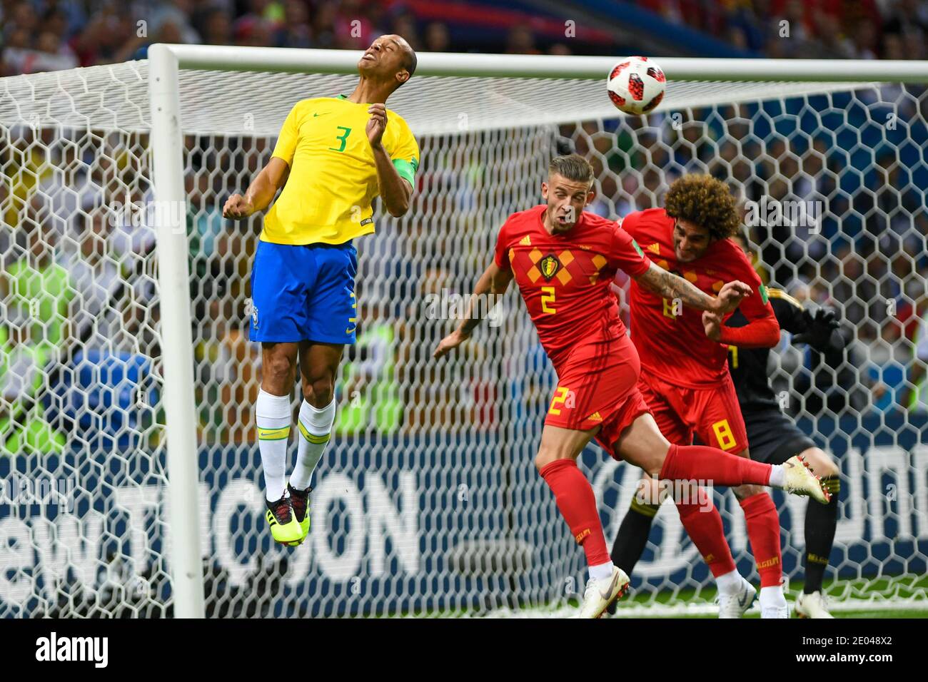 KAZAN, RUSSIA 6 July 2018: (L-R) Miranda of Brazil vs Toby Alderweireld & Marouane Fellaini of Belgium during the 2018 FIFA World Cup Russia Quarter F Stock Photo