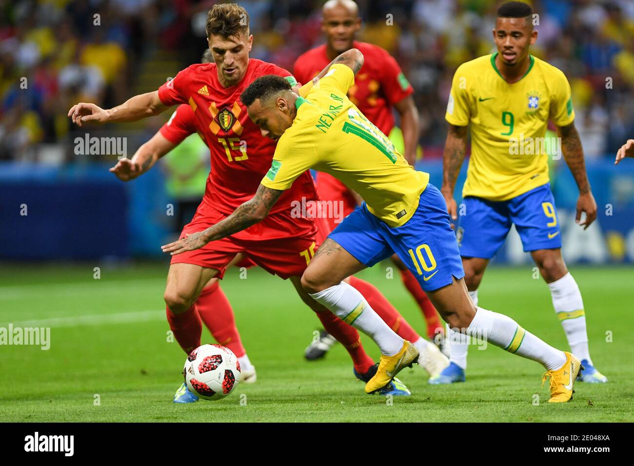 KAZAN, RUSSIA 6 July 2018: Neymar (L) of Brazil vs Thomas Meunier during the 2018 FIFA World Cup Russia Quarter Final match between Brazil and Belgium Stock Photo