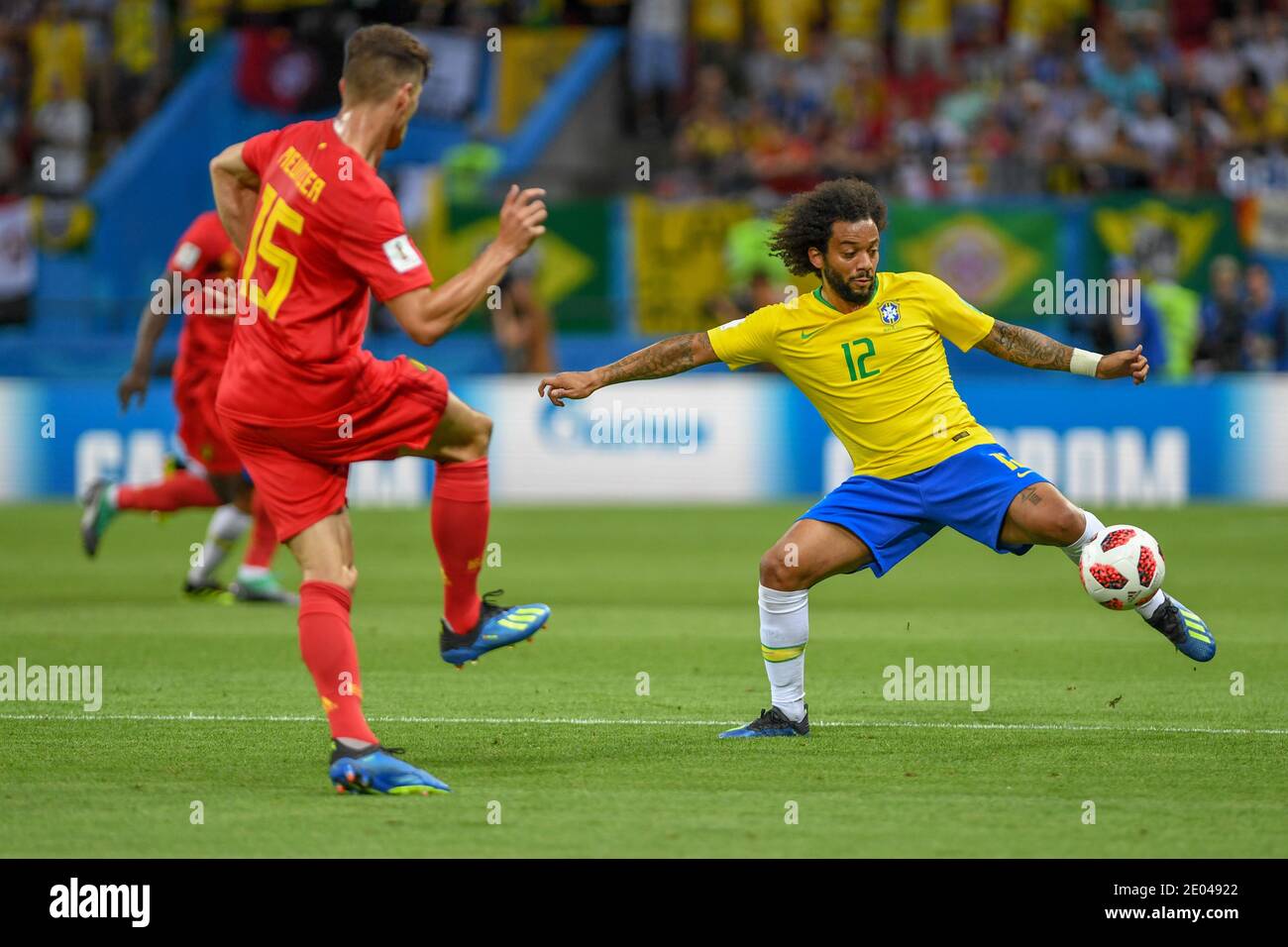 KAZAN, RUSSIA 6 July 2018: Thomas Meunier (L) of Belgium vs Marcelo during the 2018 FIFA World Cup Russia Quarter Final match between Brazil and Belgi Stock Photo