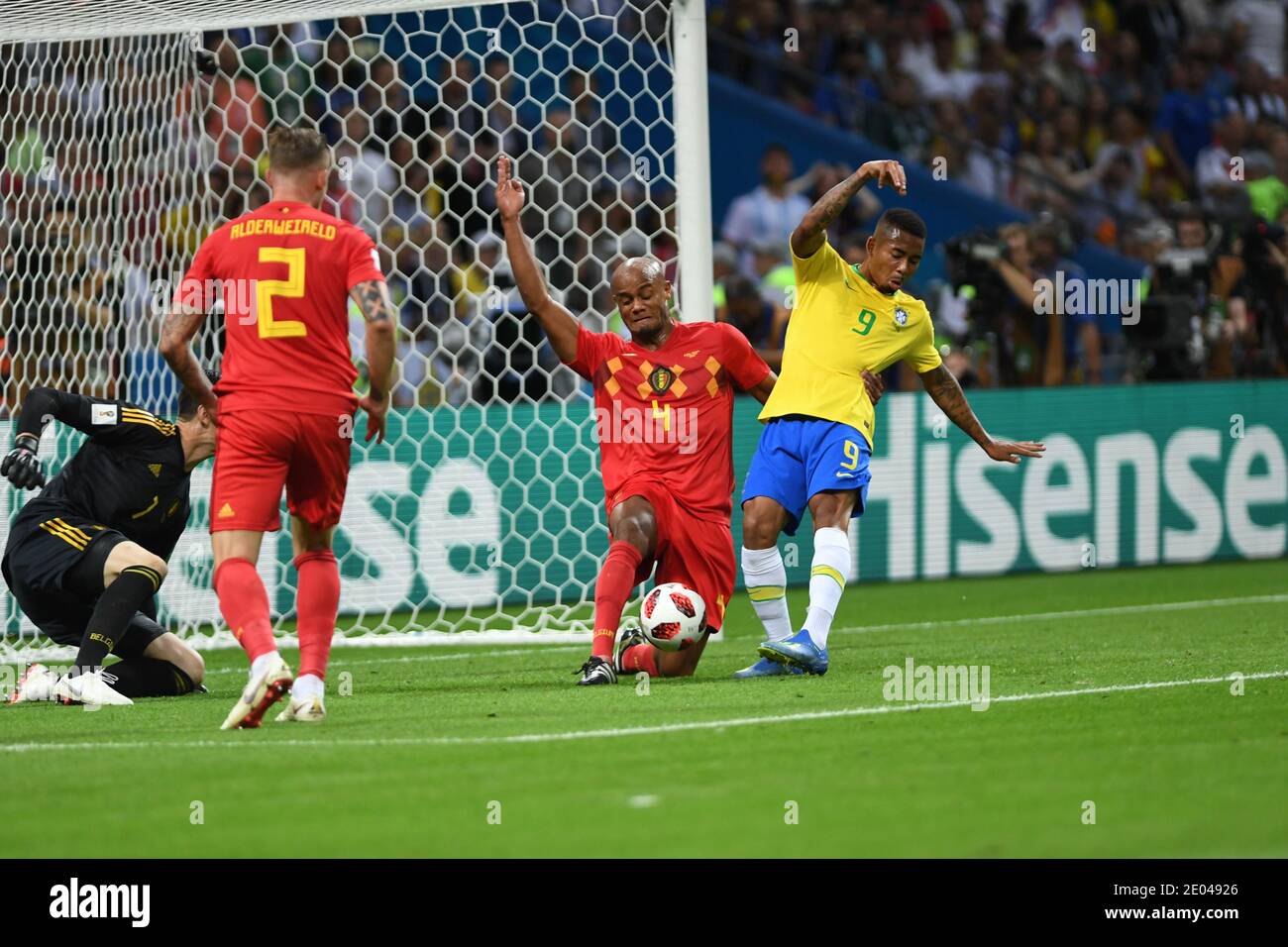 KAZAN, RUSSIA 6 July 2018: Vincent Kompany (L) of Belgium vs Gabriel Jesus of Brazil during the 2018 FIFA World Cup Russia Quarter Final match between Stock Photo