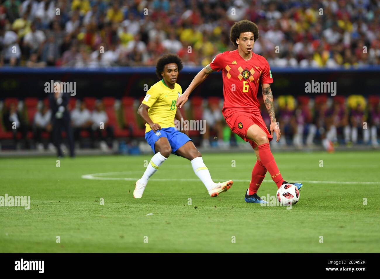 KAZAN, RUSSIA 6 July 2018: Axel Witsel (R) of Belgium & Willian of Brazil during the 2018 FIFA World Cup Russia Quarter Final match between Brazil and Stock Photo