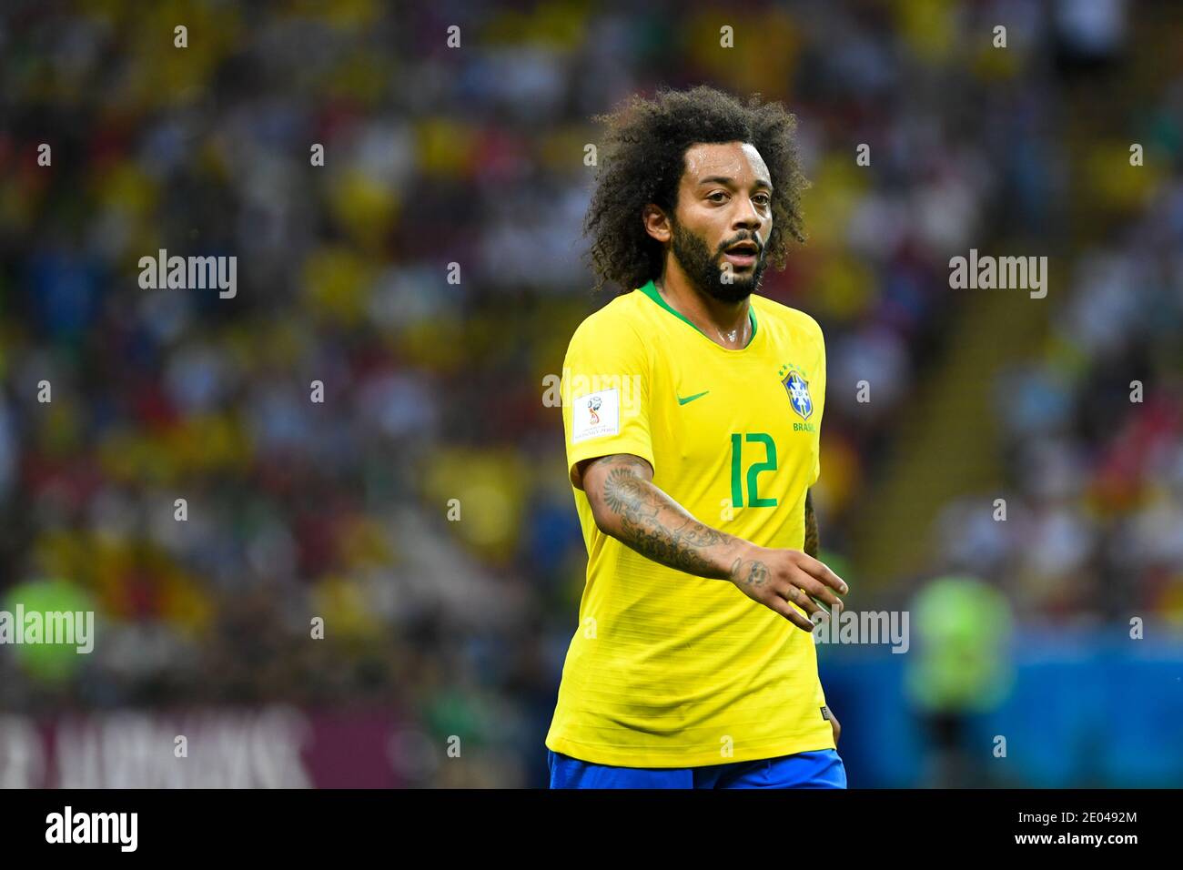 KAZAN, RUSSIA 6 July 2018 Marcelo of Brazil during the 2018 FIFA World Cup Russia Quarter Final match between Brazil and Belgium Stock Photo