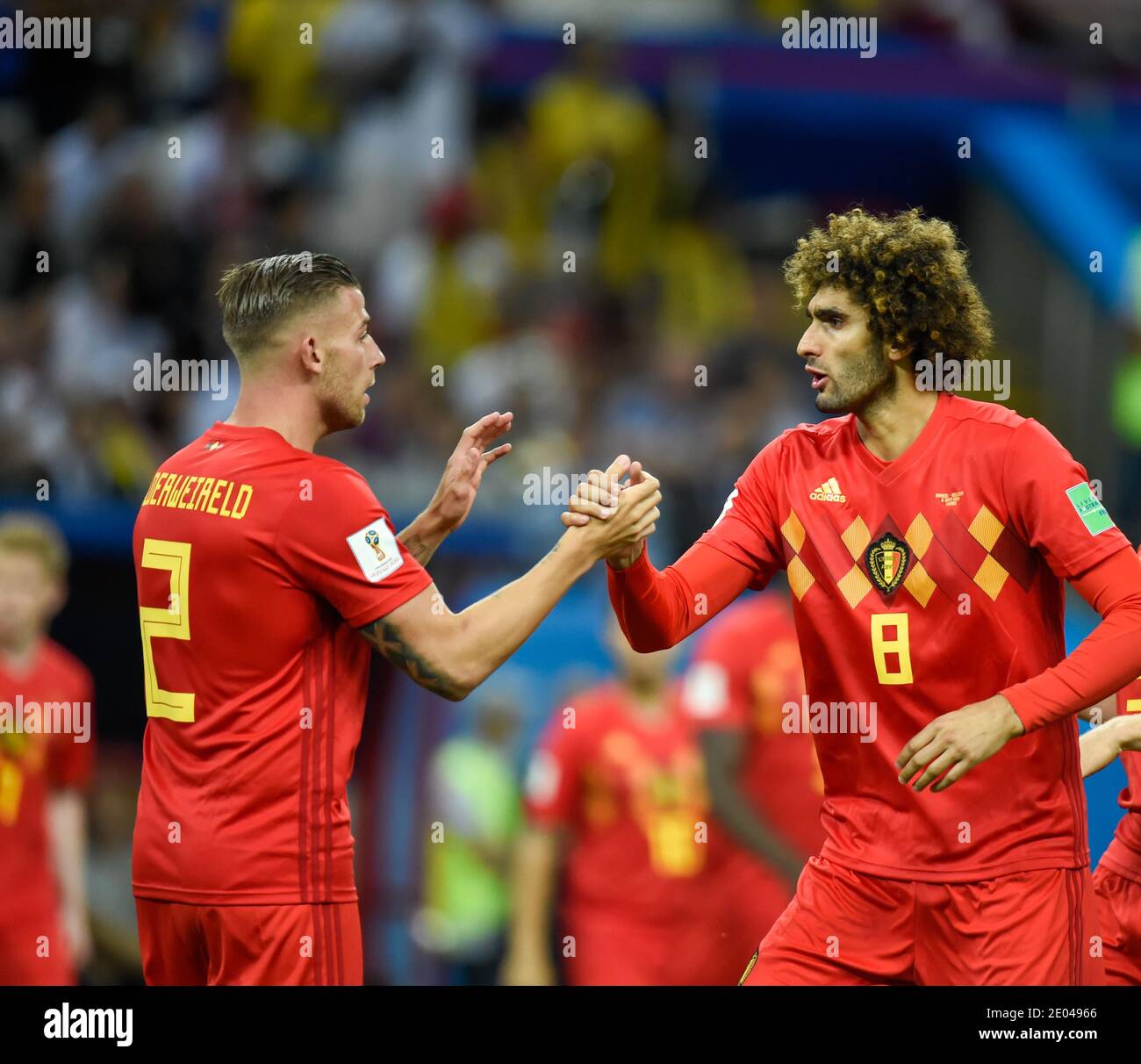 KAZAN, RUSSIA 6 July 2018: Toby Alderweireld & Marouane Fellaini of Belgium celebrate following their sides victory in the 2018 FIFA World Cup Russia Stock Photo