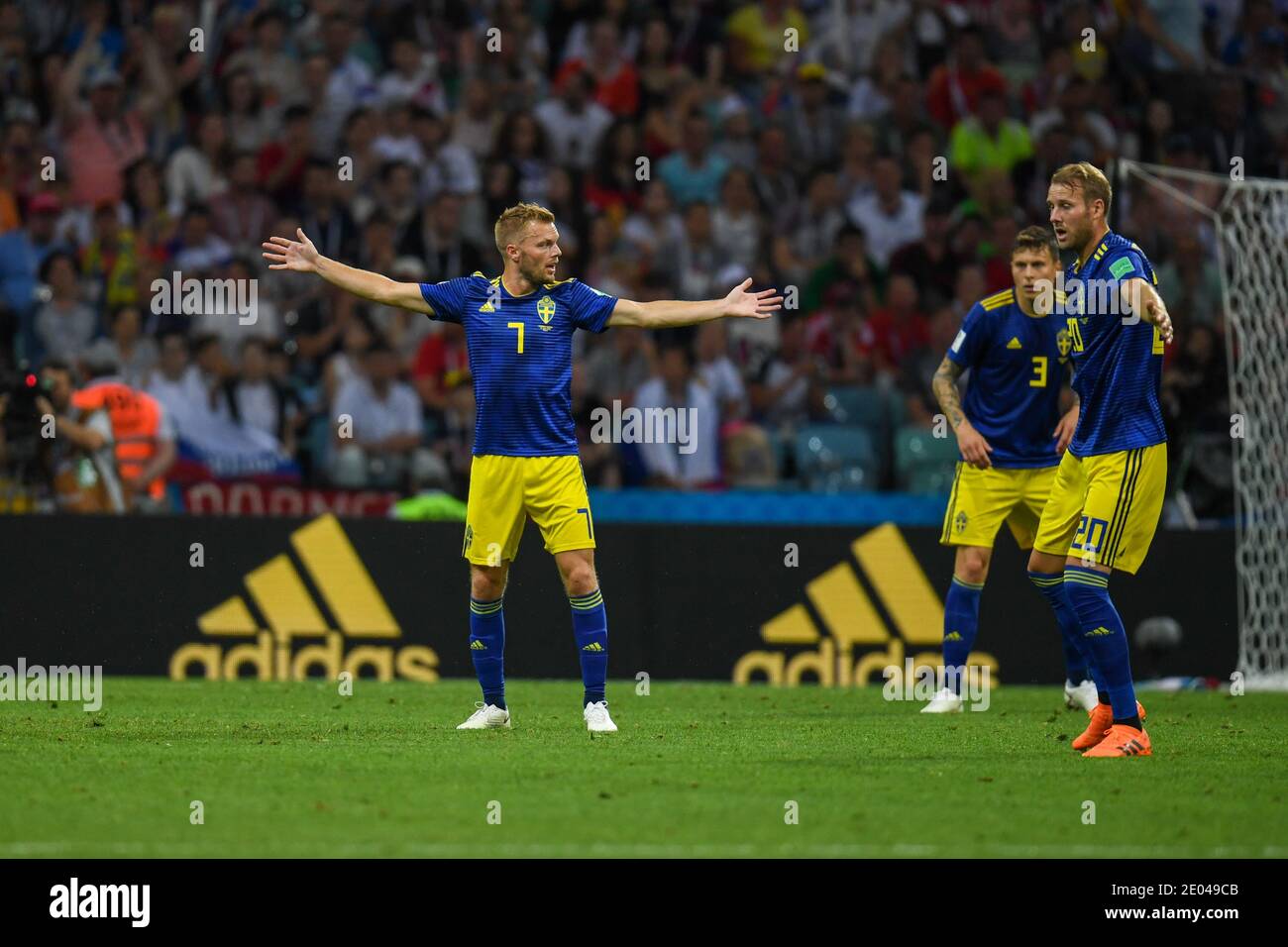 SOCHI, RUSSIA-23 JUNE 2018 (L-R) Sebastian Larsson, Victor Lindelöf, Ola Toivonen of Sweden during the Russia 2018 World Cup Group F football match be Stock Photo