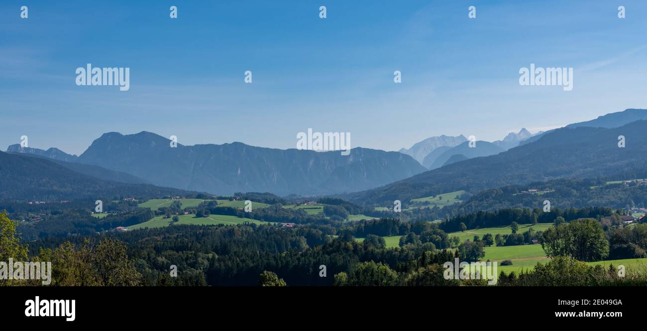 Panorama Chiemgau and Berchtesgaden Alps on a sunny summer day Stock Photo